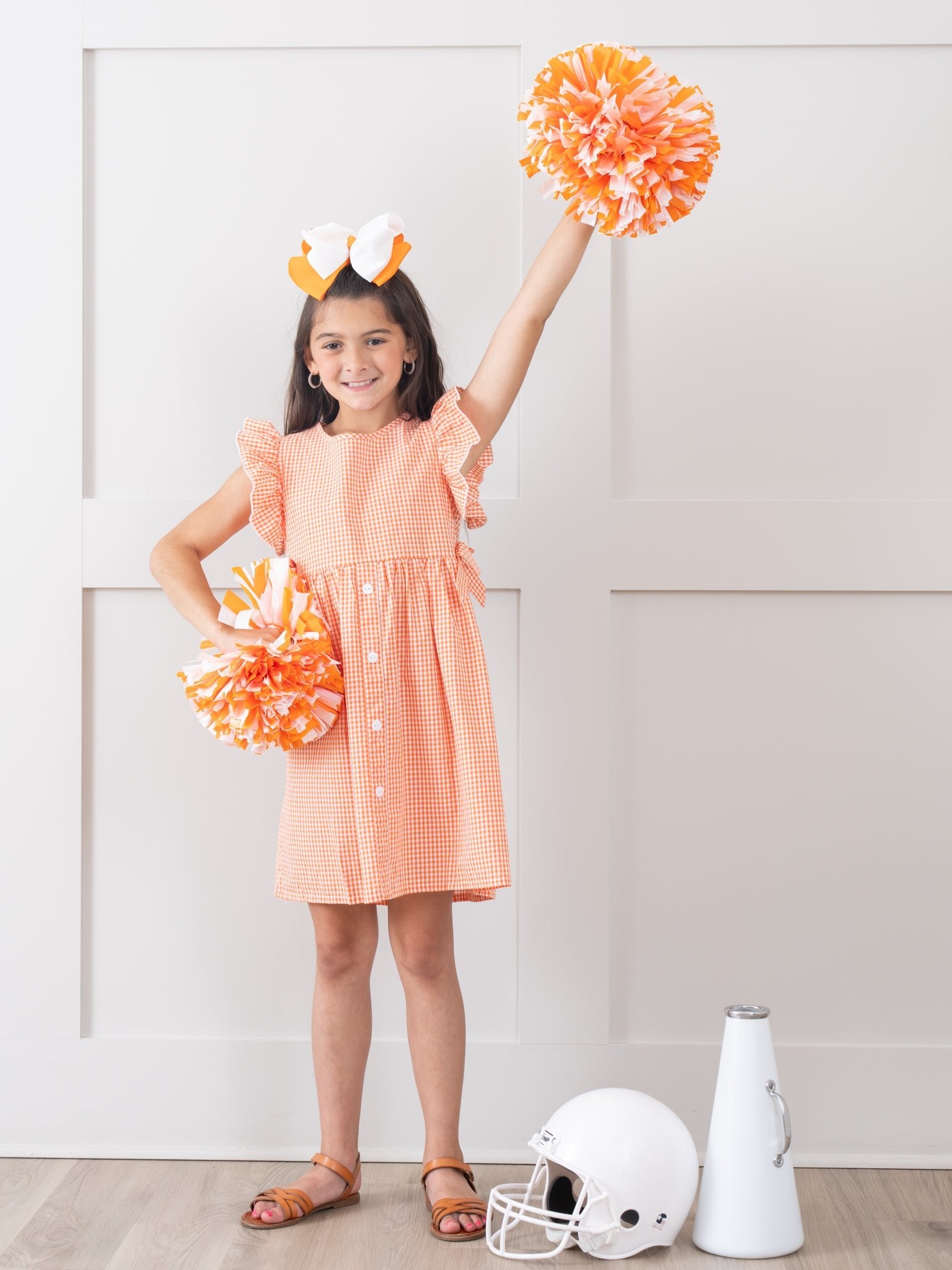 Orange & White Gingham Ruffle Bow Dress - Marie Nicole Clothing