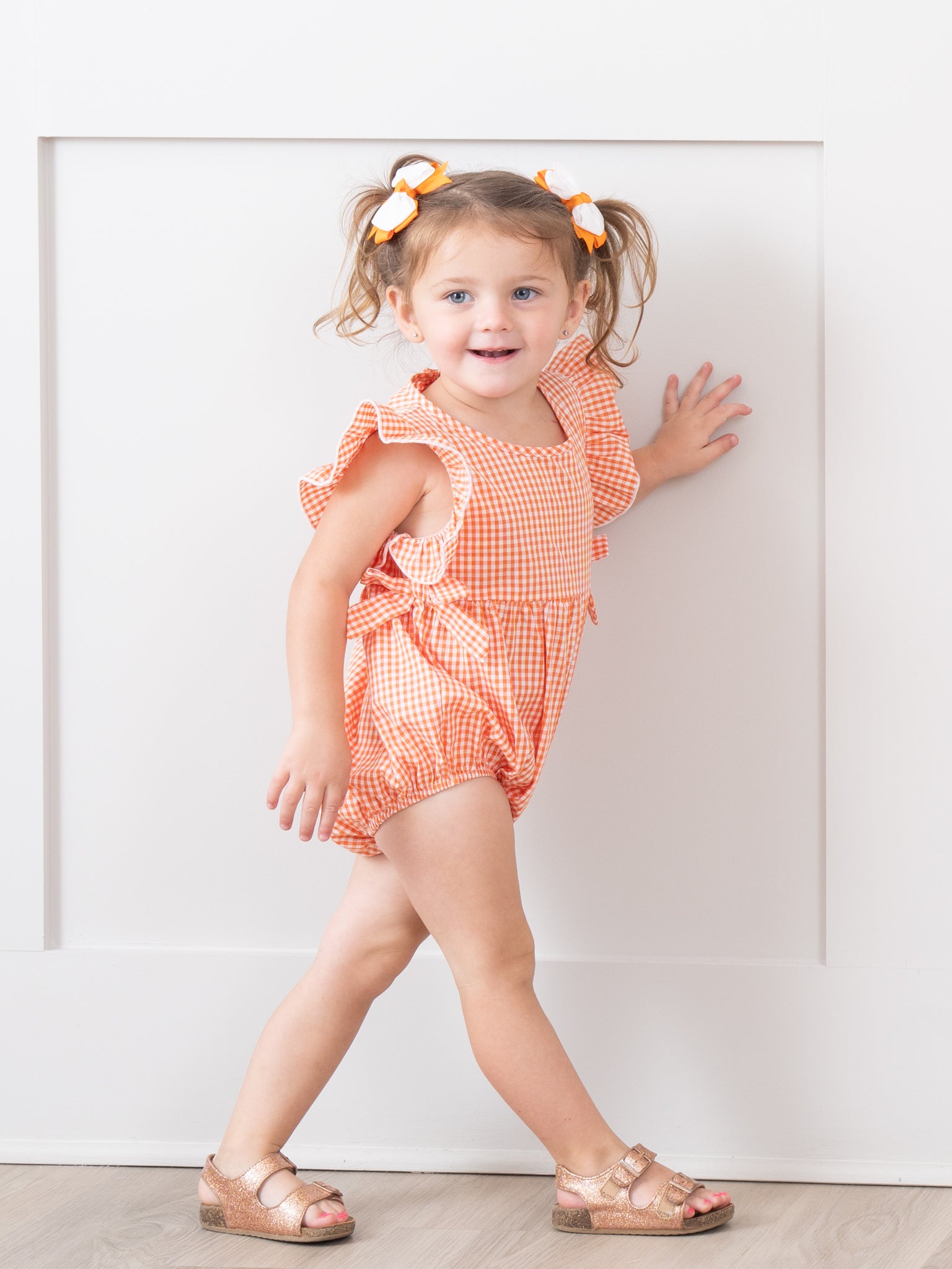 Orange & White Gingham Ruffle Bow Romper - Marie Nicole Clothing
