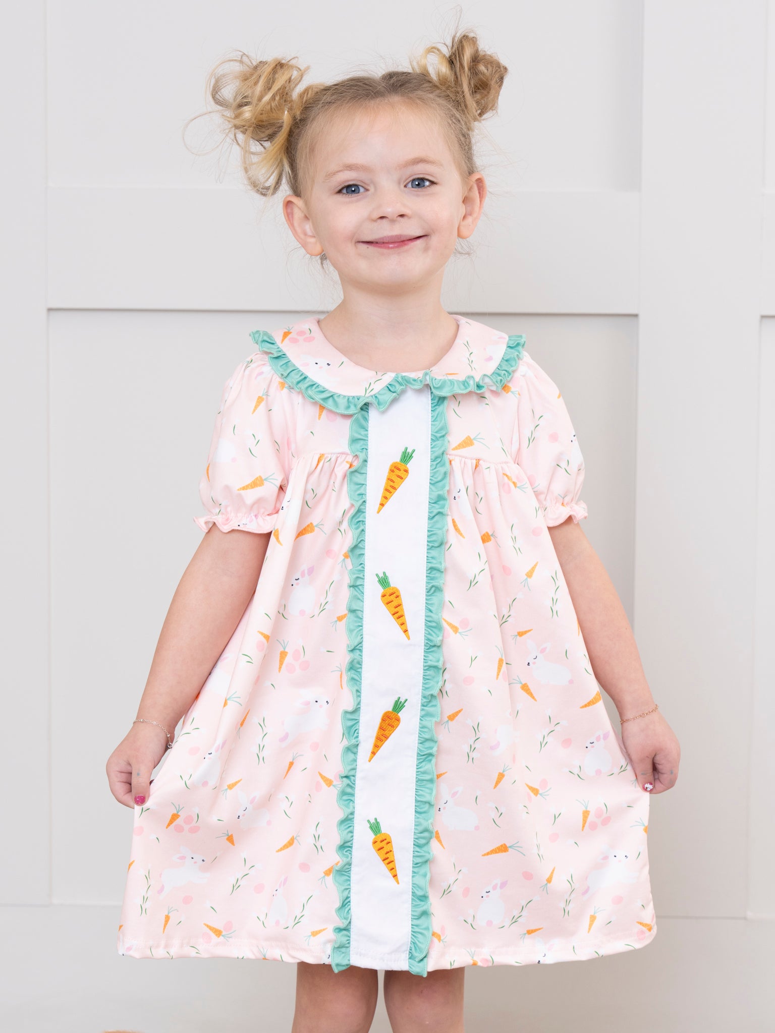 Peach & Green Embroidered Carrots Ruffle Dress - Marie Nicole Clothing