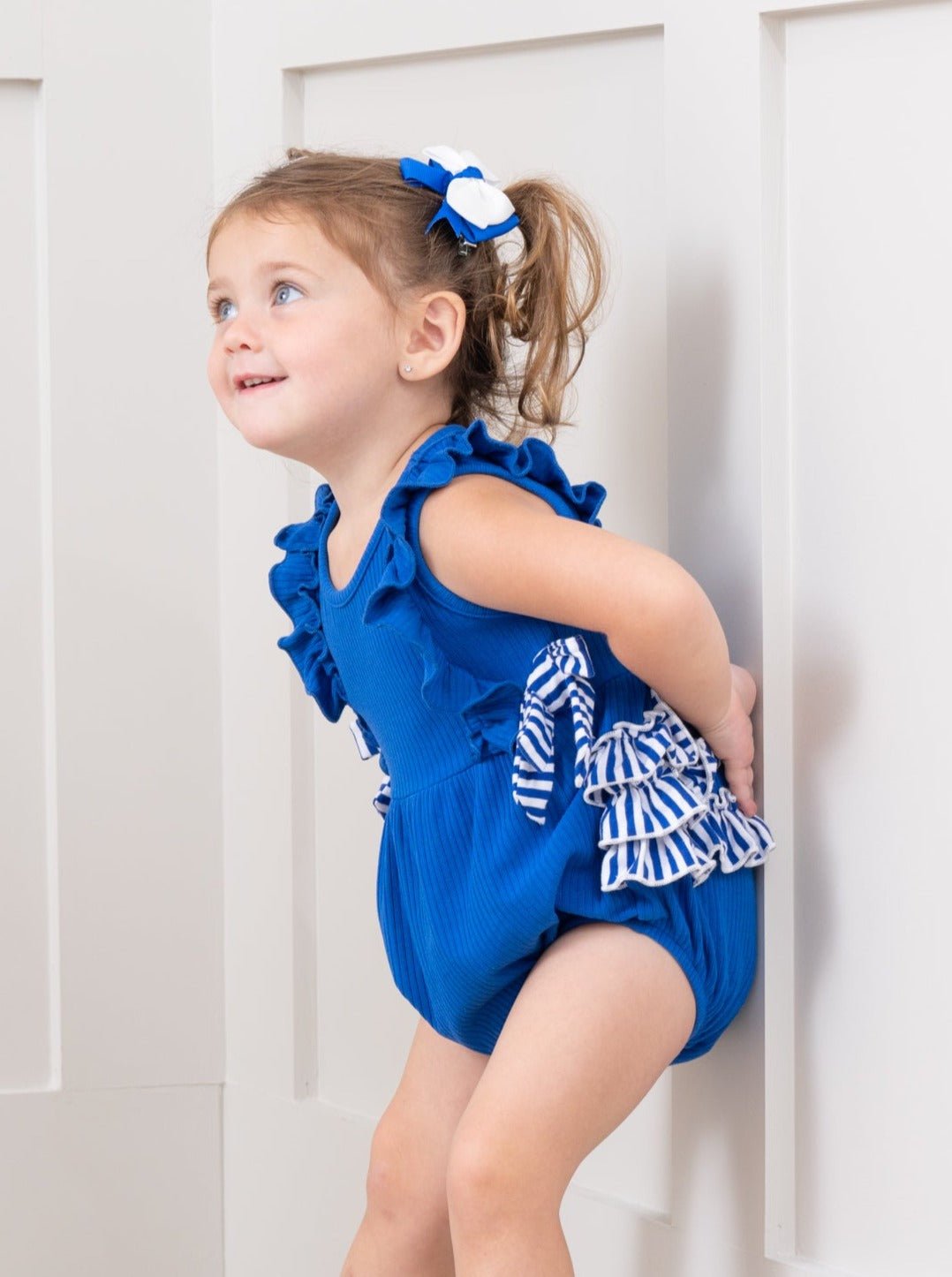 Blue & White Striped Ruffle Romper - Marie Nicole Clothing
