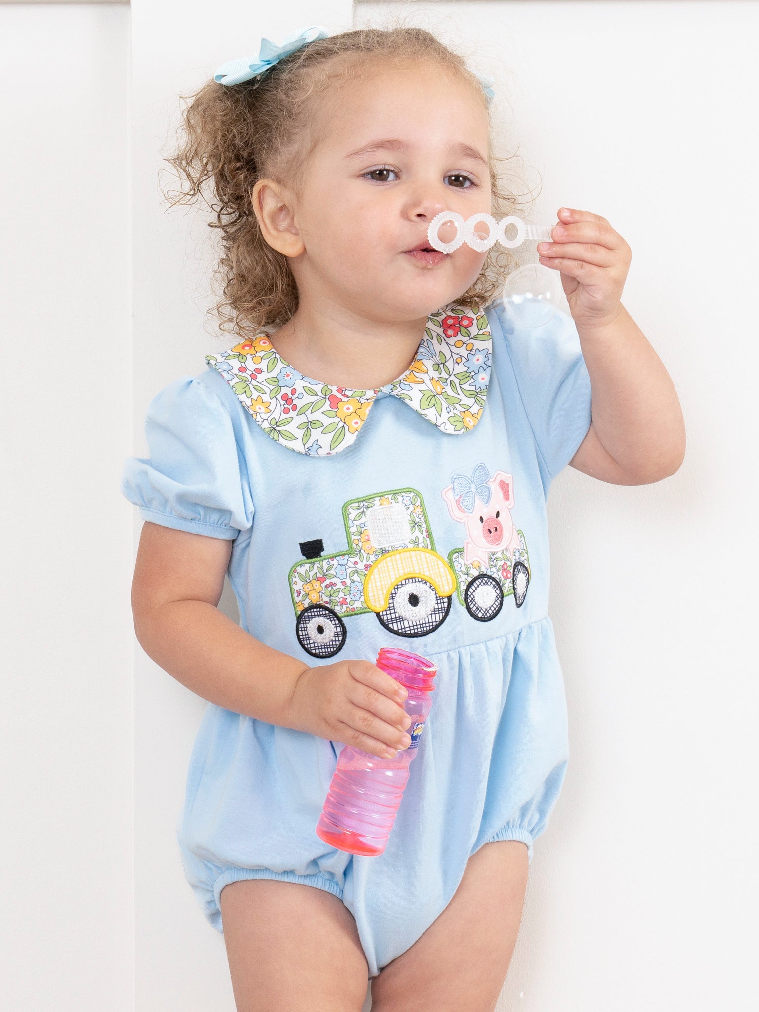 Light Blue Embroidered Piggy Tractor Bubble Romper - Marie Nicole Clothing