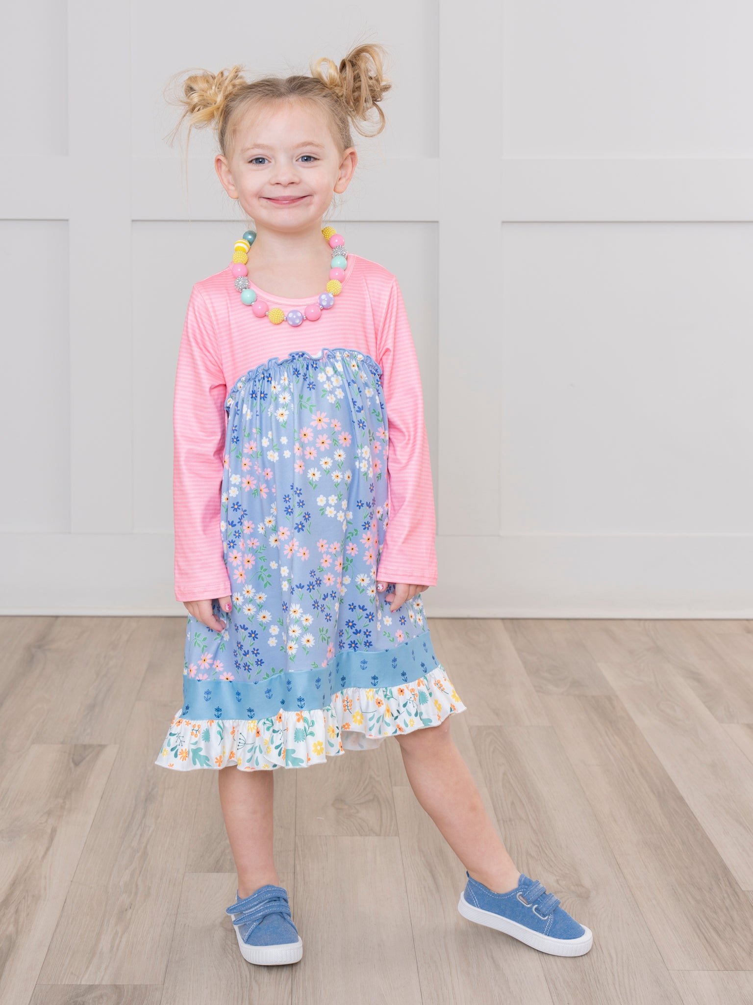 Bubblegum Stripes & Florals Ruffle Dress - Marie Nicole Clothing