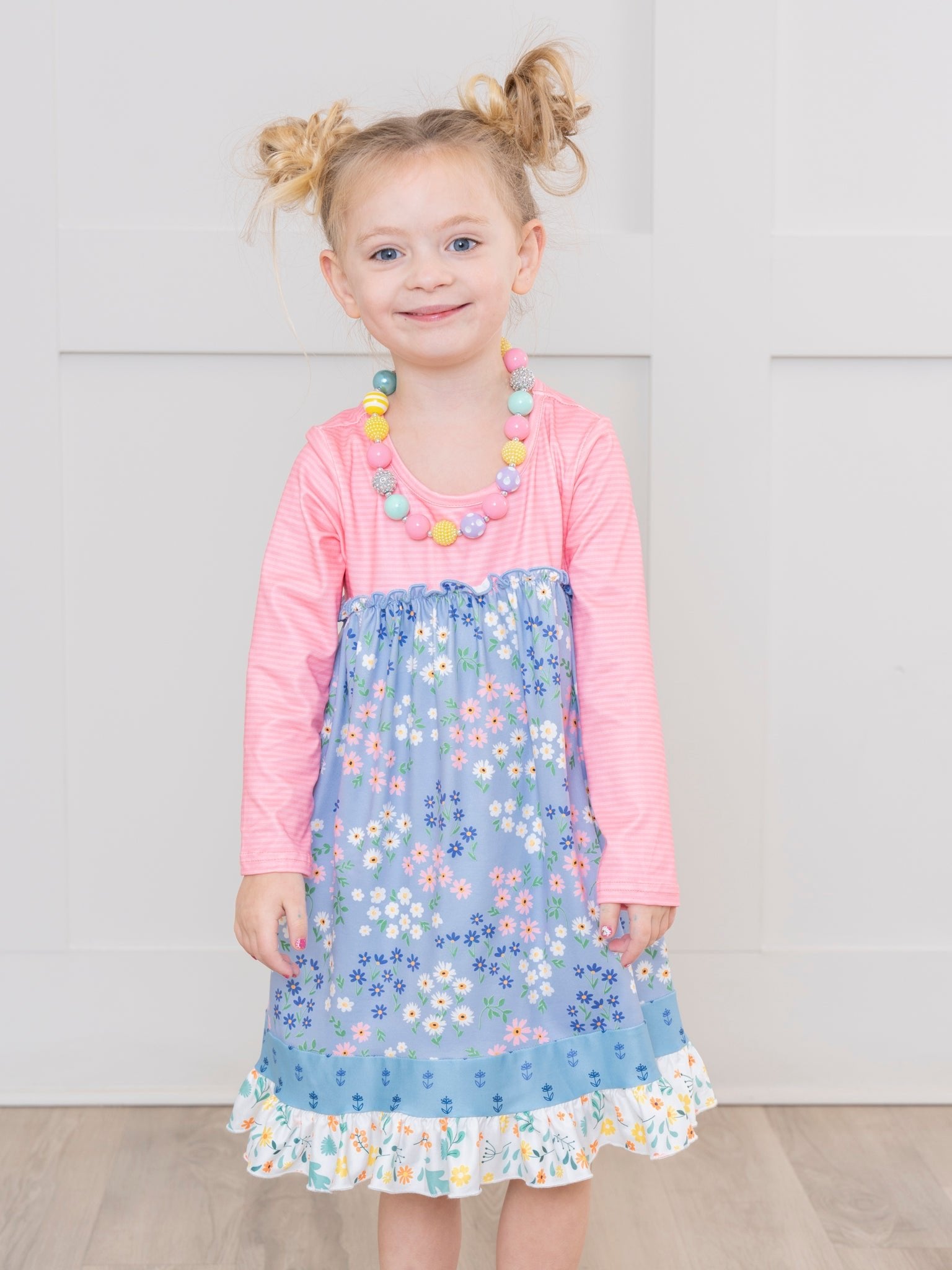 Bubblegum Stripes & Florals Ruffle Dress - Marie Nicole Clothing