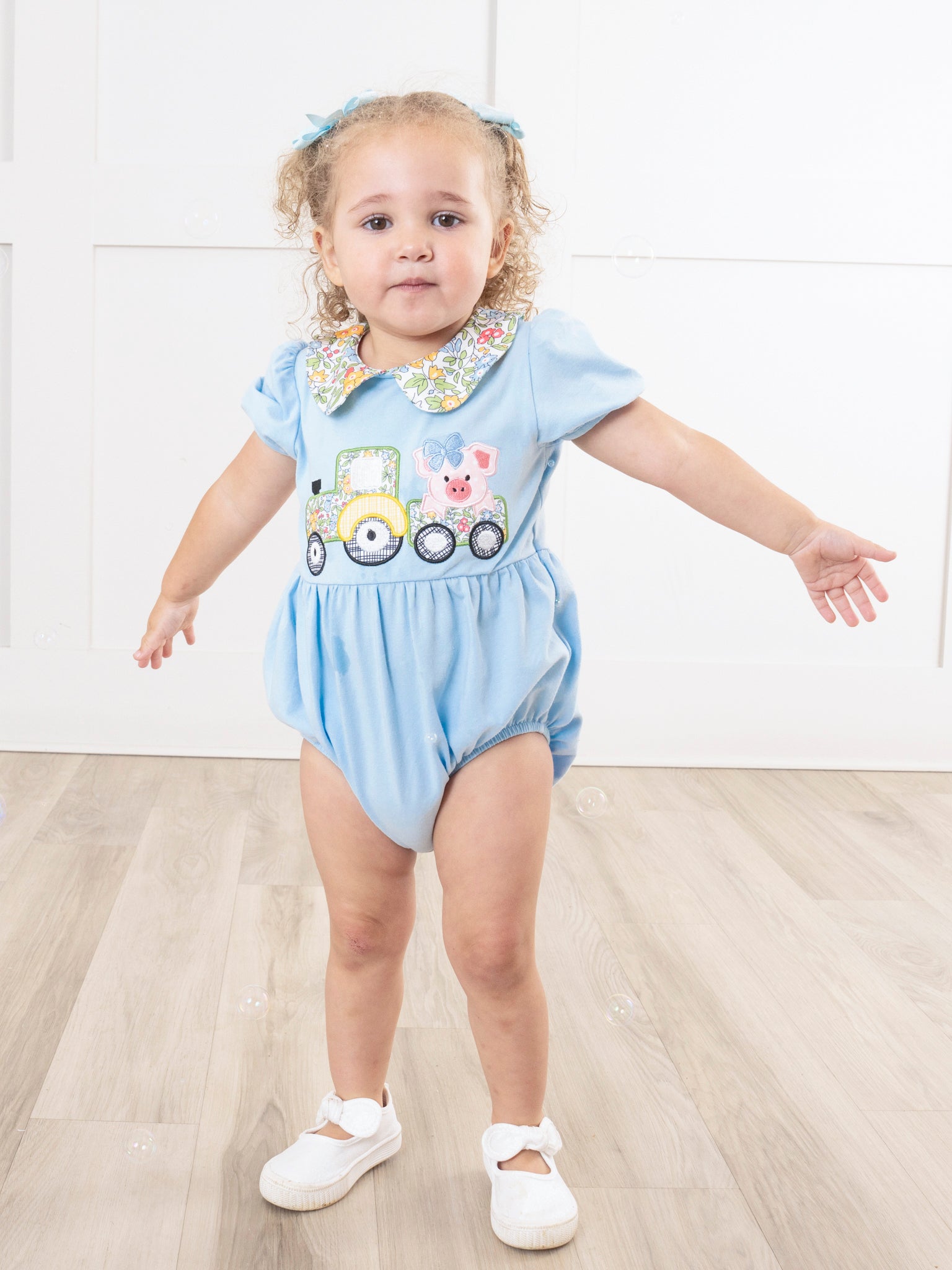 Light Blue Embroidered Piggy Tractor Bubble Romper - Marie Nicole Clothing