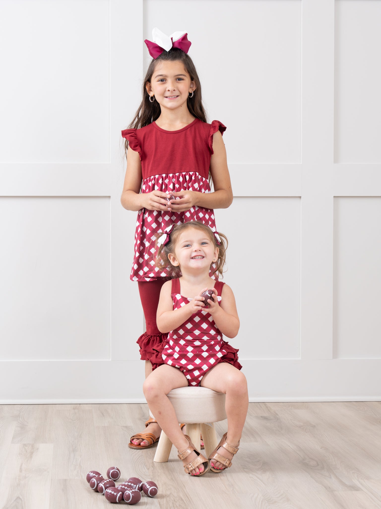 Maroon & White Gingham Ruffle Bubble Romper - Marie Nicole Clothing