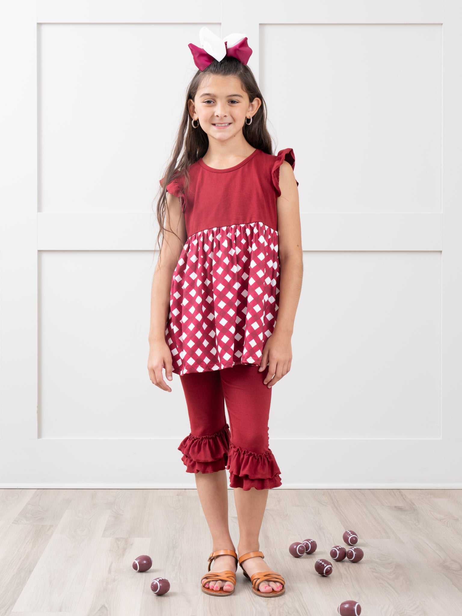 Maroon & White Gingham Ruffle Outfit - Marie Nicole Clothing