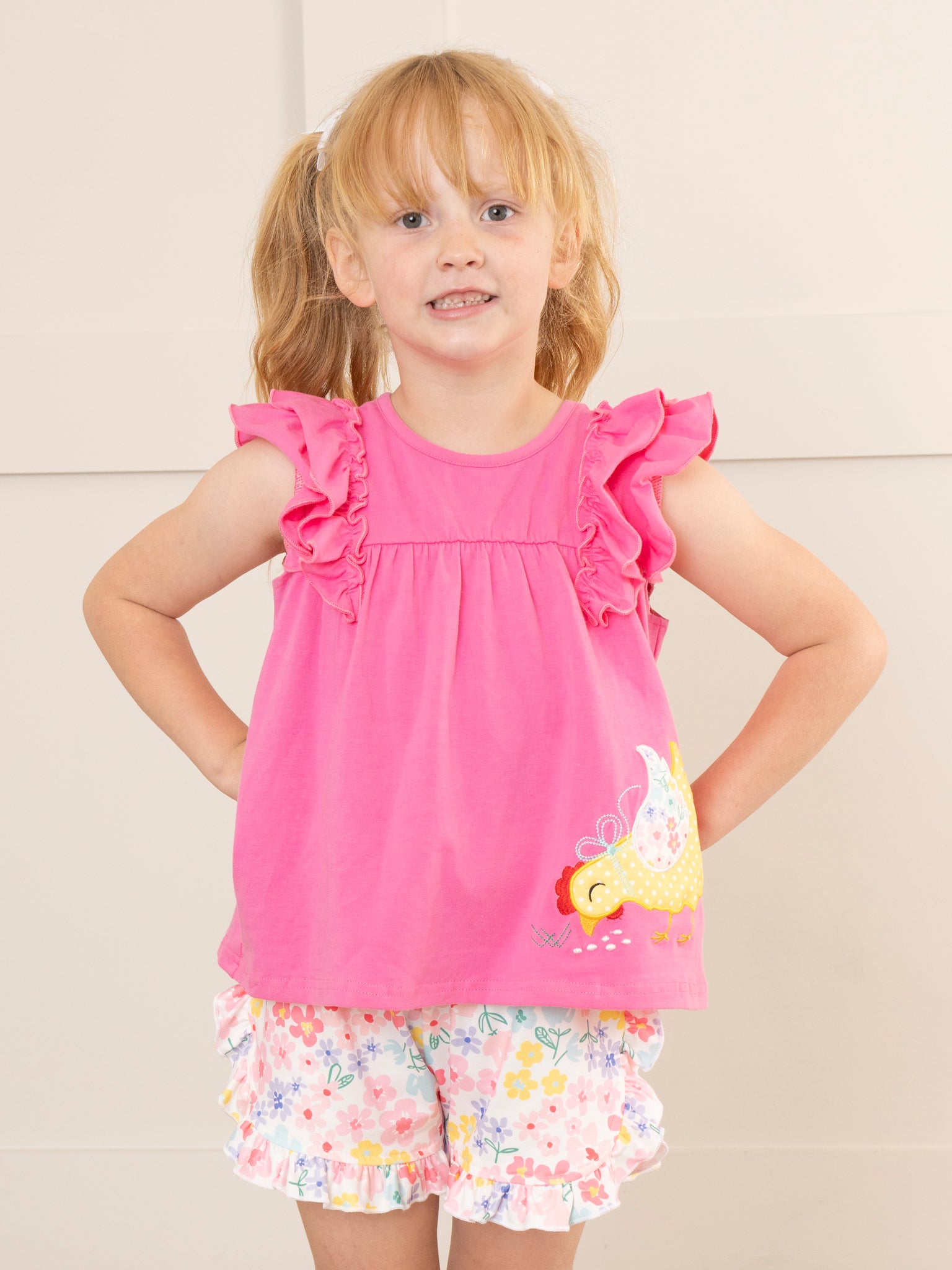 Pink & Yellow Embroidered Pecking Hen Outfit - Marie Nicole Clothing