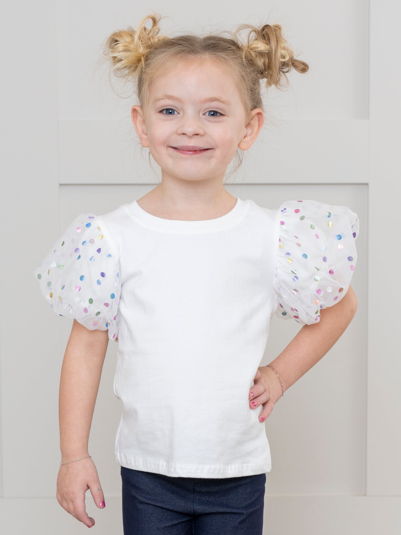 White Confetti Puff Sleeve Shirt - Marie Nicole Clothing