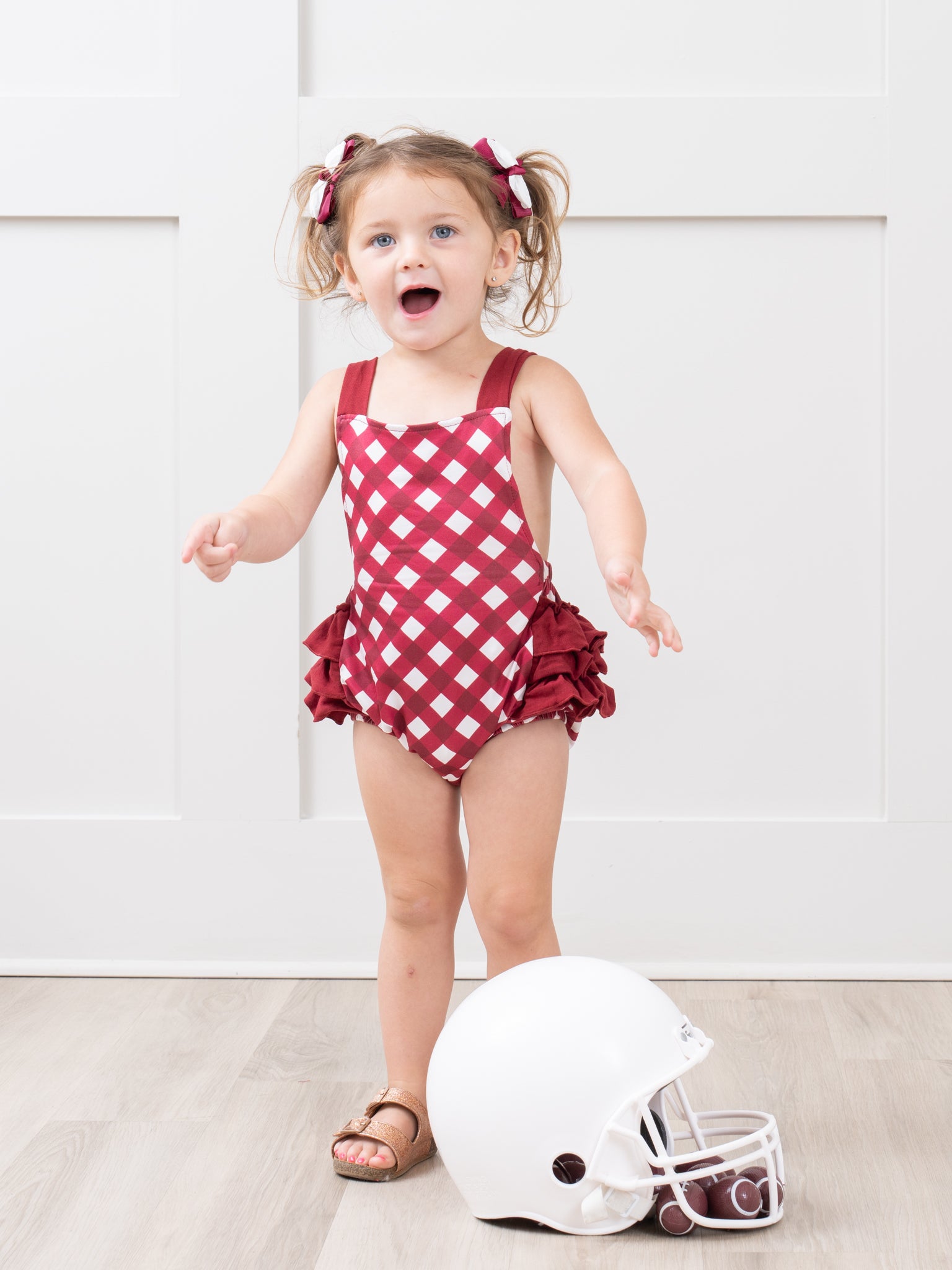 Maroon & White Gingham Ruffle Bubble Romper - Marie Nicole Clothing