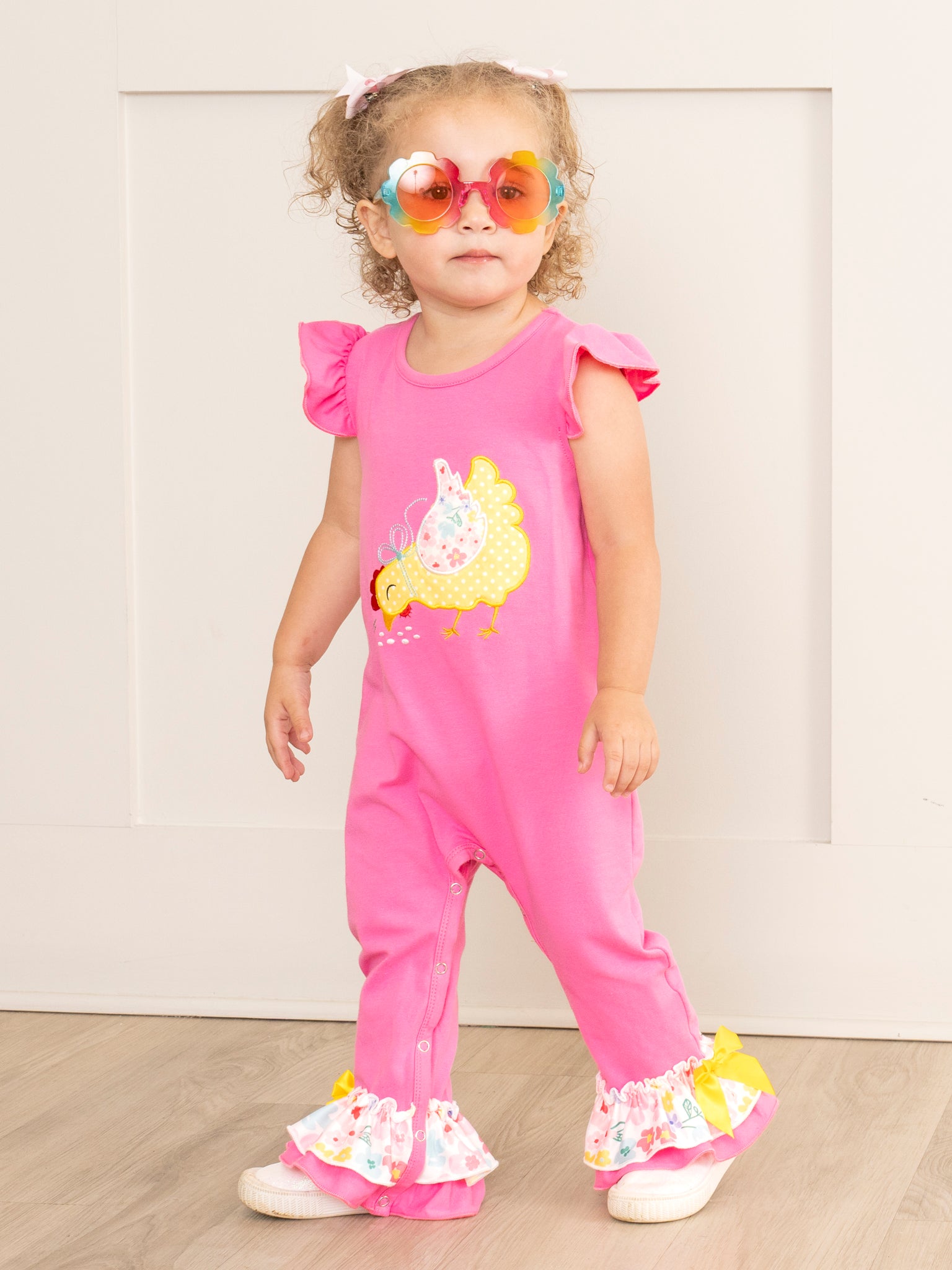 Pink & Yellow Embroidered Pecking Hen Romper - Marie Nicole Clothing