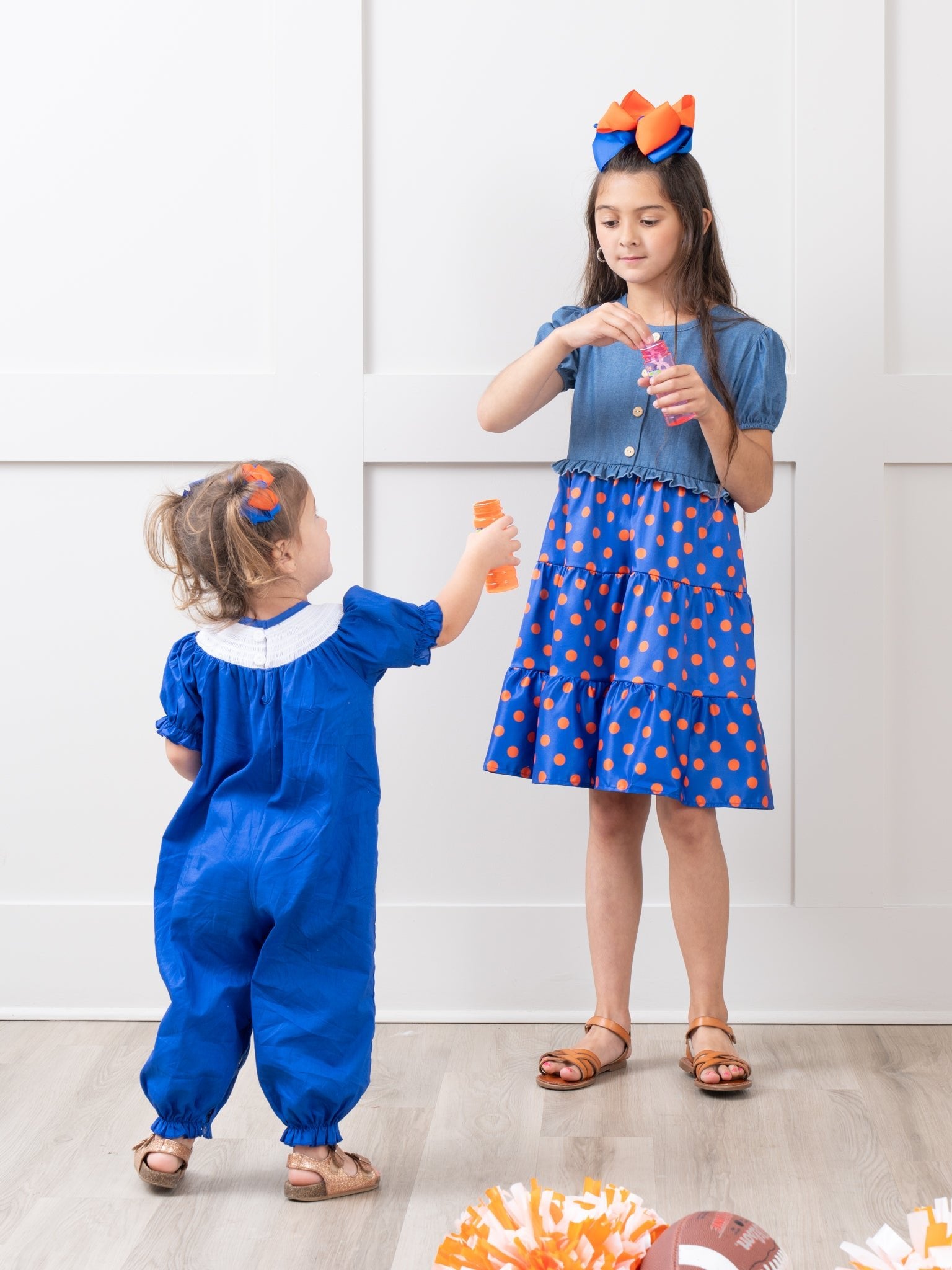 Blue & Orange Smocked Gingham Ruffle Romper - Marie Nicole Clothing