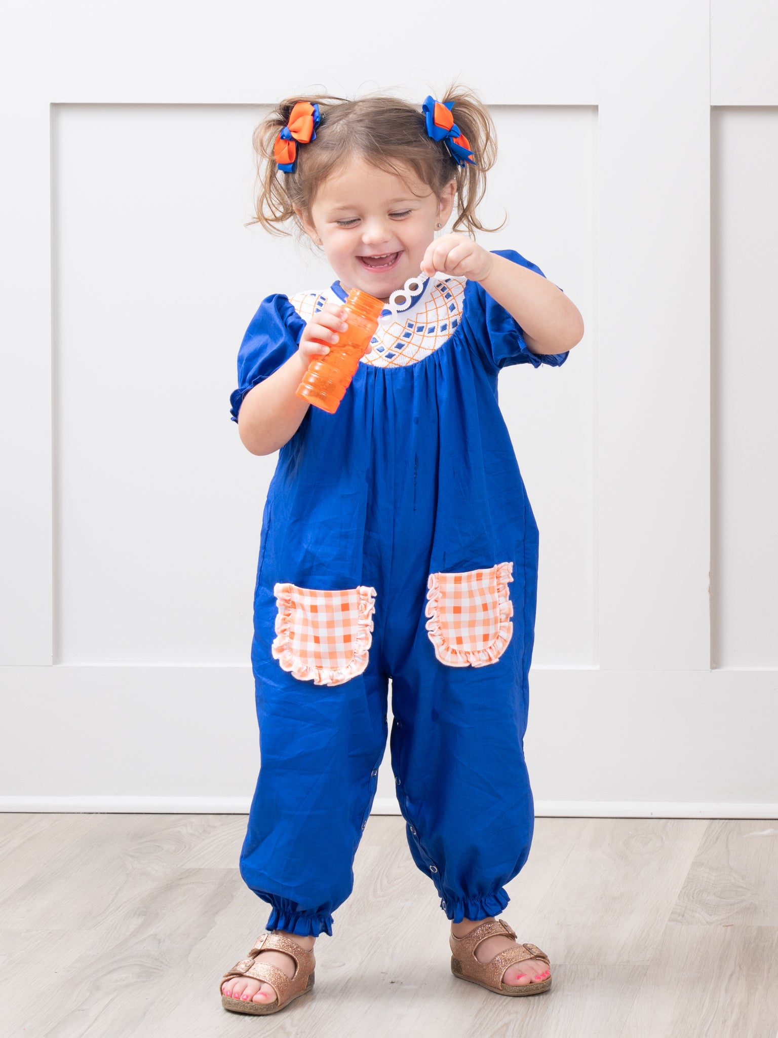 Blue & Orange Smocked Gingham Ruffle Romper - Marie Nicole Clothing