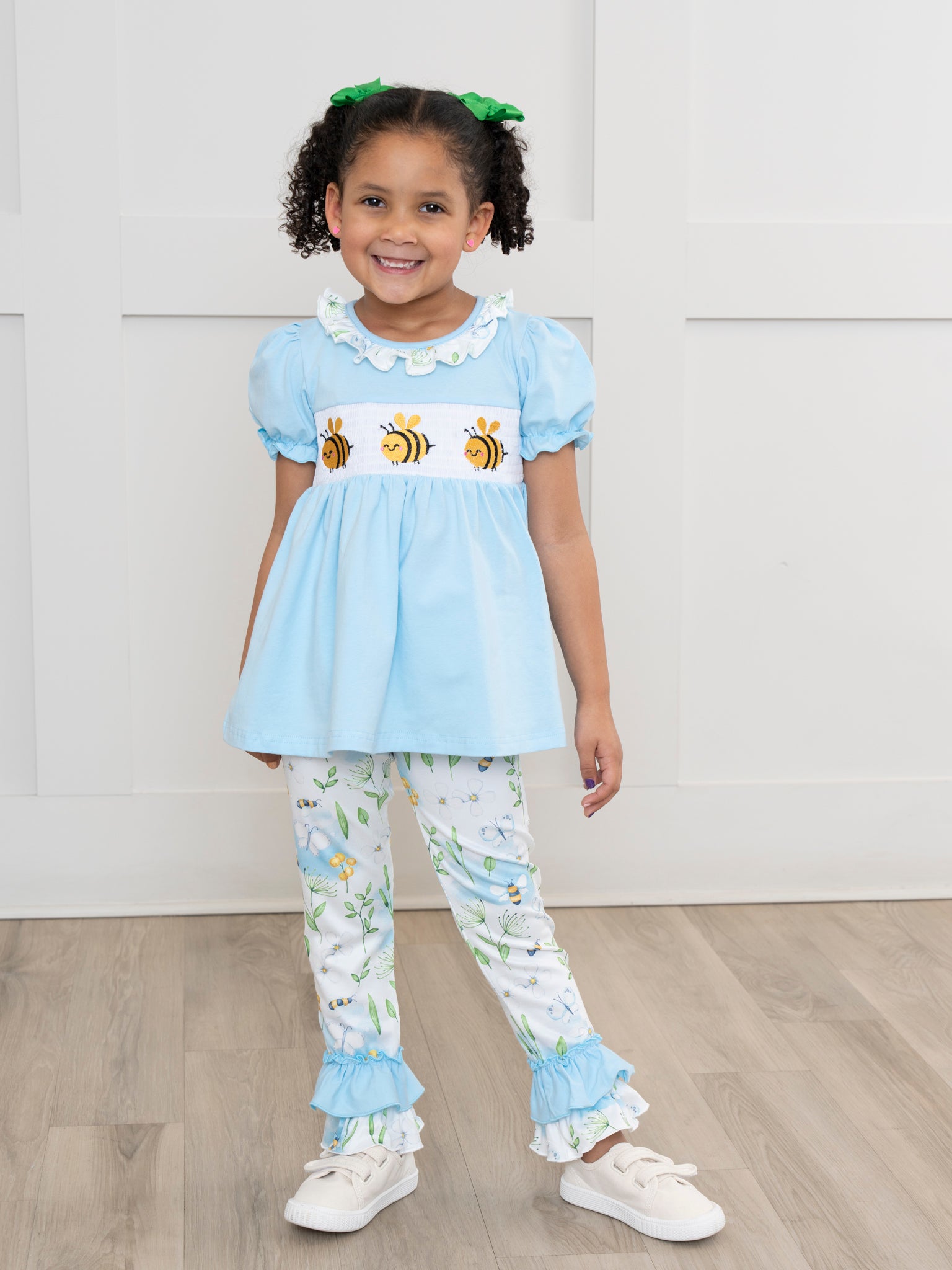Ice Blue Bumble Bee Smocked Ruffle Outfit - Marie Nicole Clothing