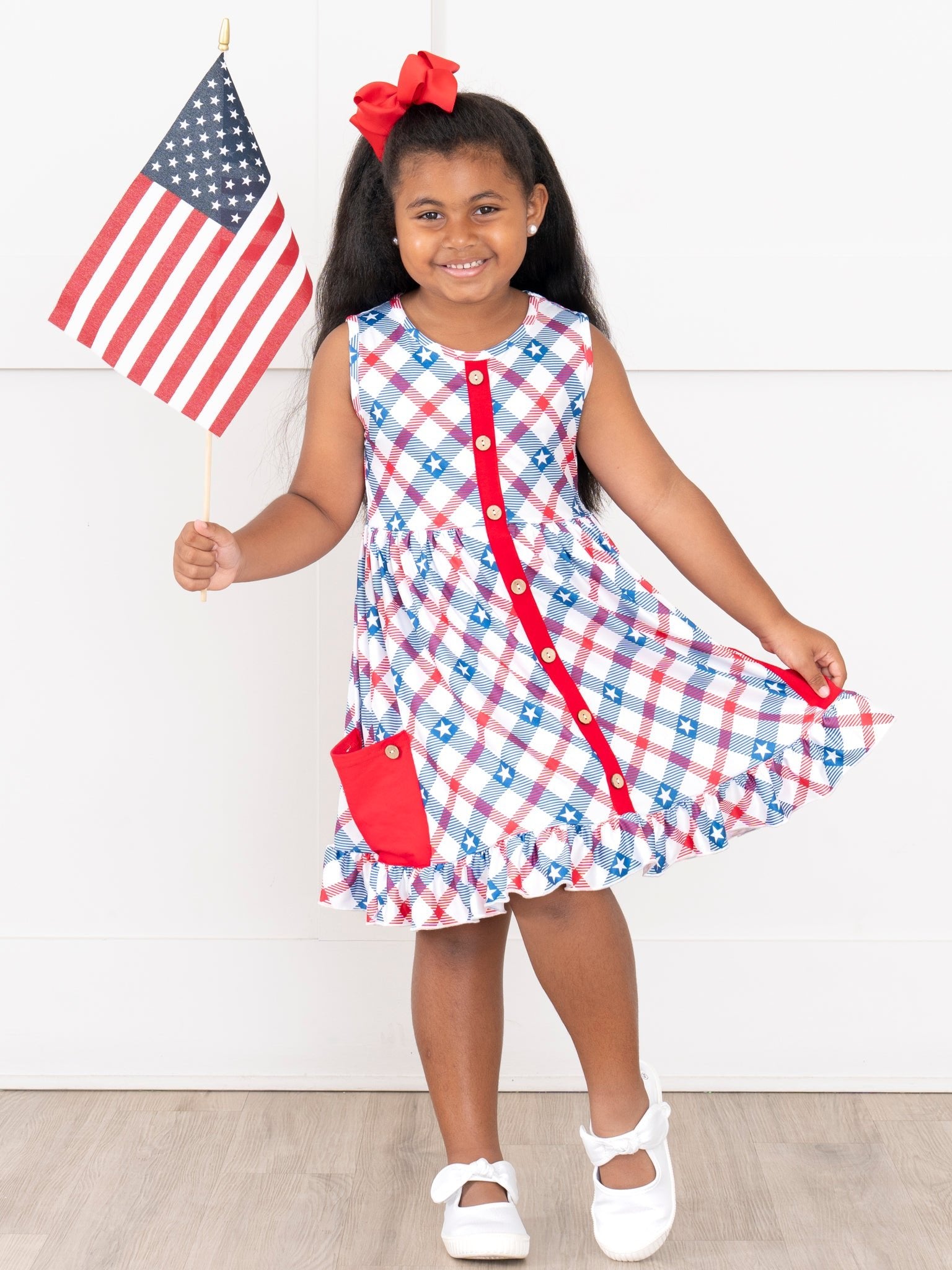 Gingham Stars Pocket Ruffle Dress - Marie Nicole Clothing