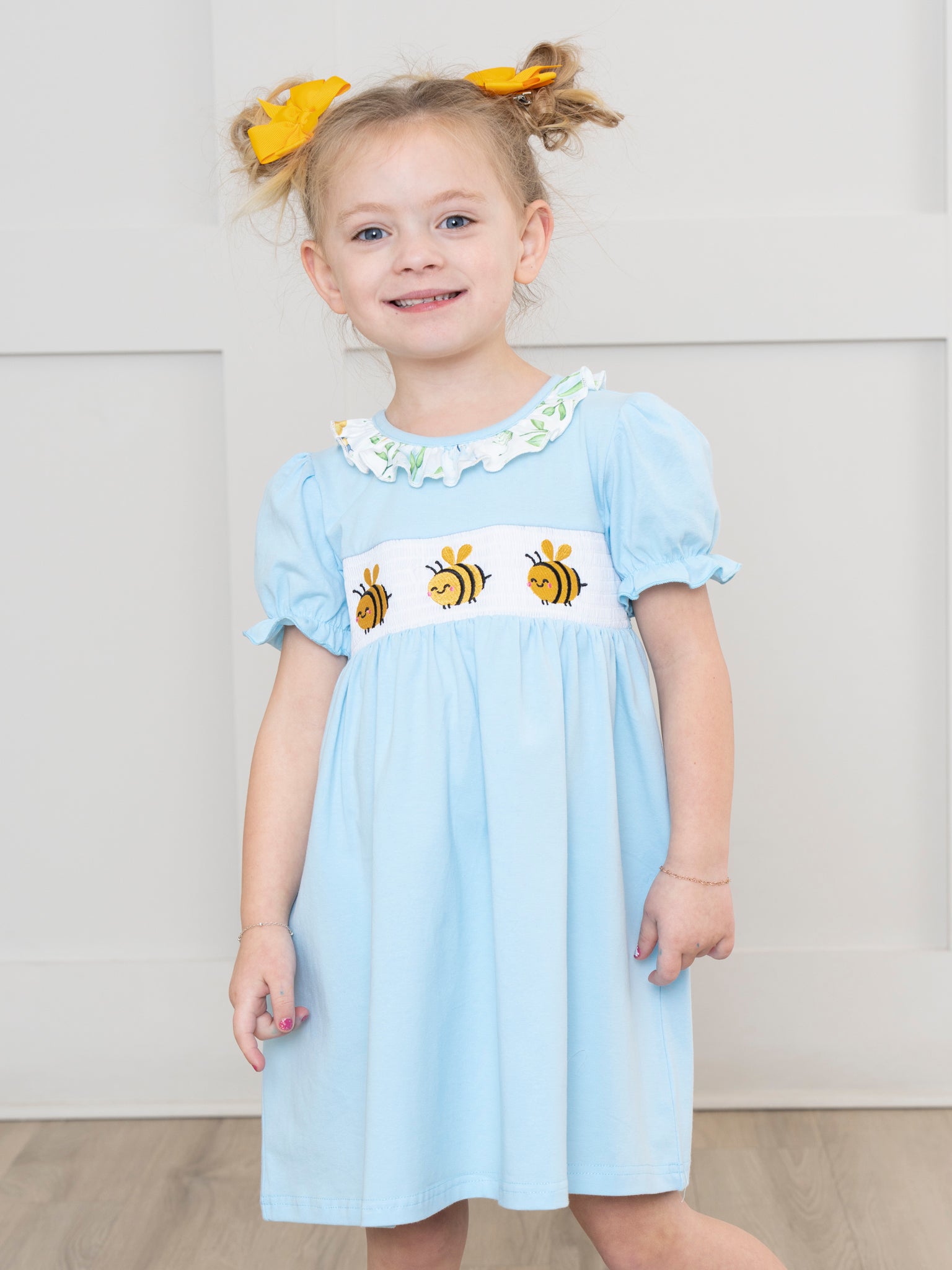 Ice Blue Bumble Bee Smocked Ruffle Dress - Marie Nicole Clothing