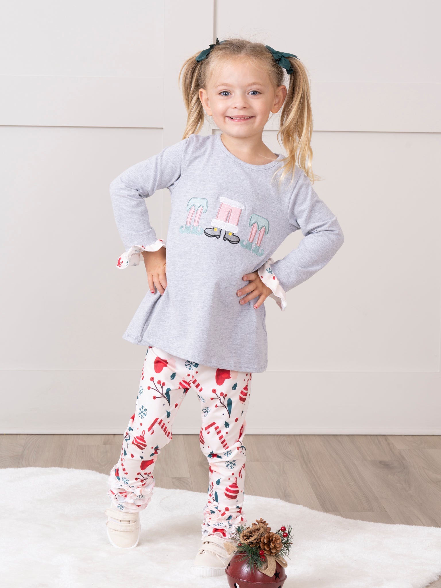 Grey Embroidered Little Elves Cupcake Ruffle Outfit - Marie Nicole Clothing