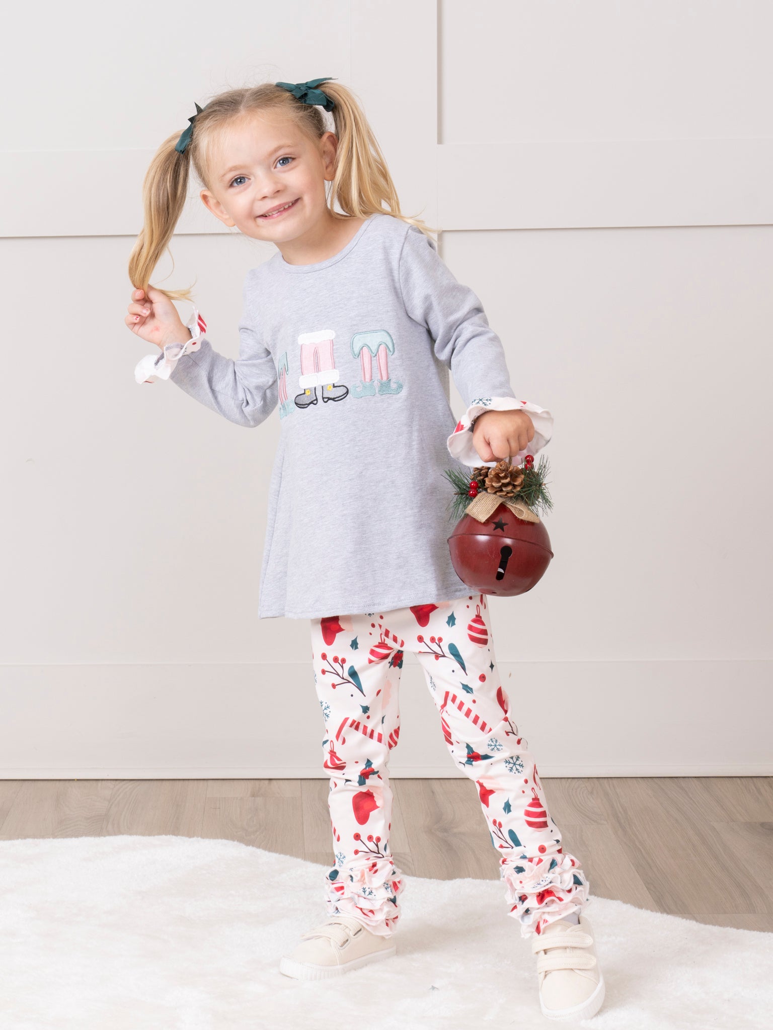 Grey Embroidered Little Elves Cupcake Ruffle Outfit - Marie Nicole Clothing