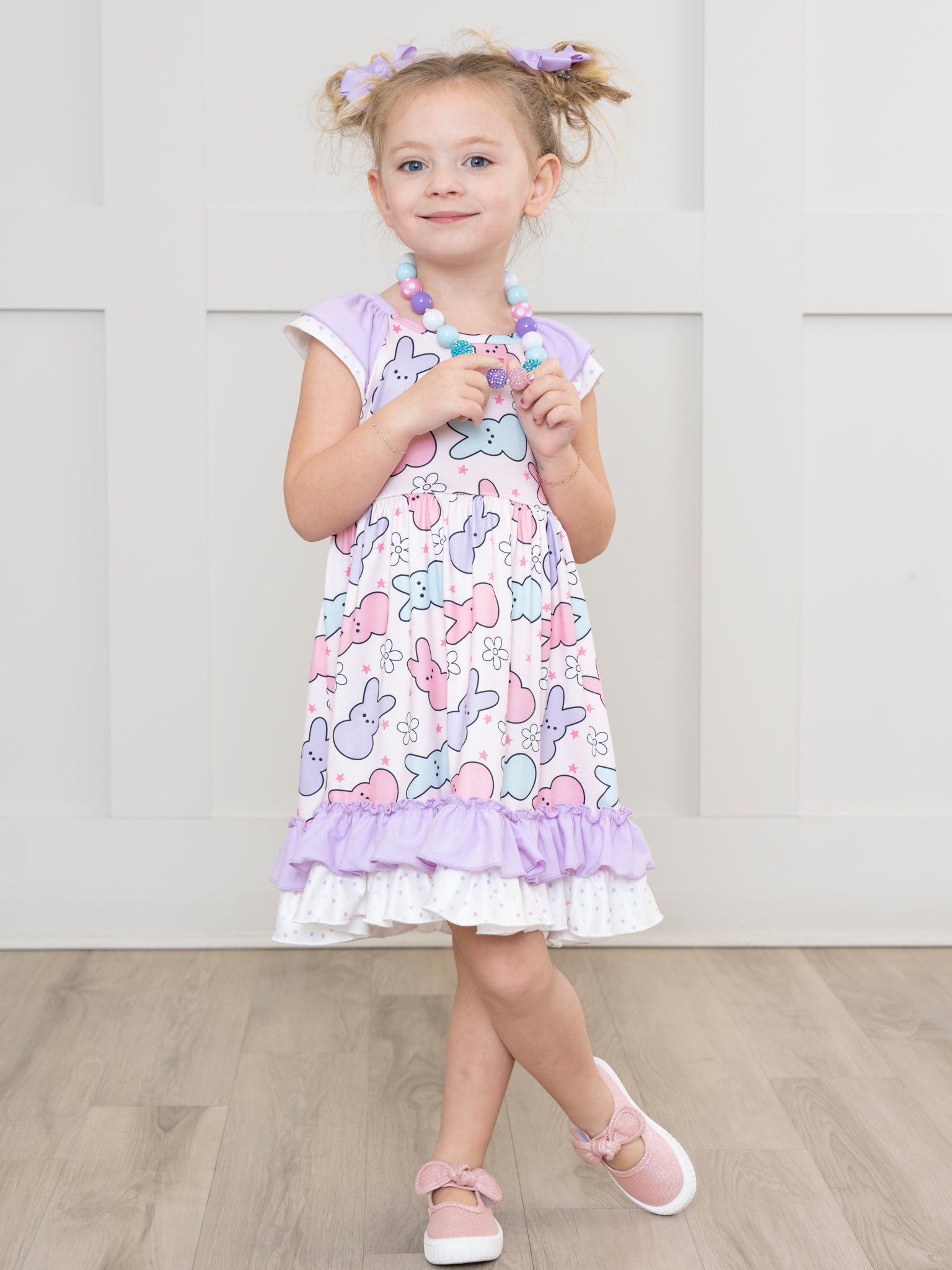 Lilac & Rose Star Bunnies Ruffle Dress - Marie Nicole Clothing
