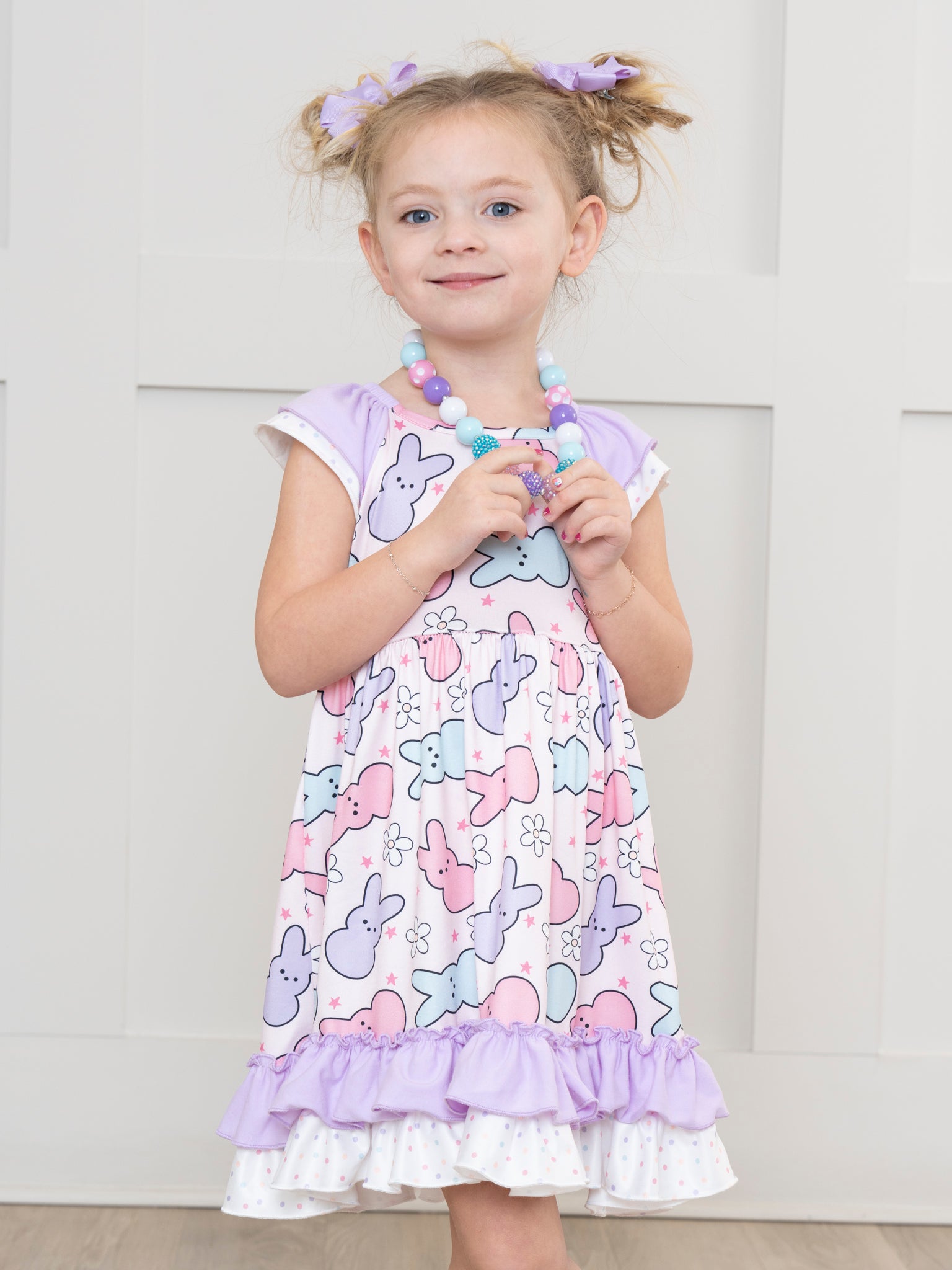 Lilac & Rose Star Bunnies Ruffle Dress - Marie Nicole Clothing