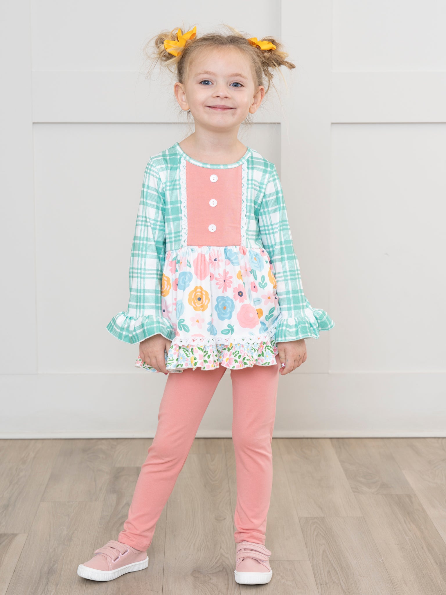 Green Plaid & Roses Lace Trim Outfit - Marie Nicole Clothing
