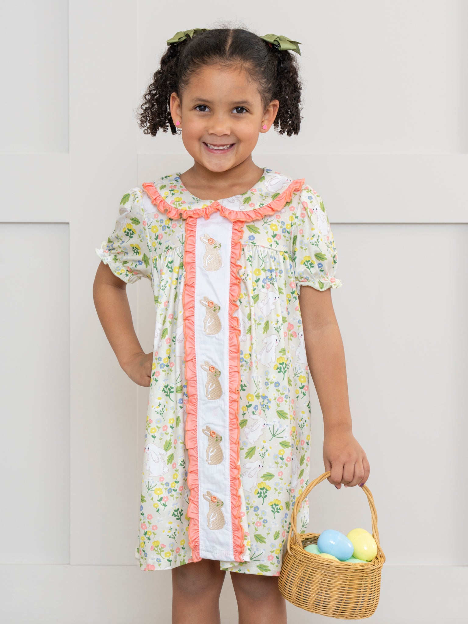 Coral & Green Embroidered Bunnies Ruffle Dress - Marie Nicole Clothing