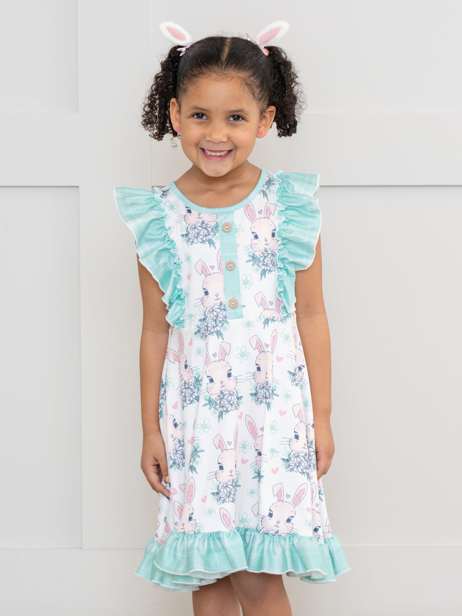 Turquoise Bunnies Ruffle Dress - Marie Nicole Clothing