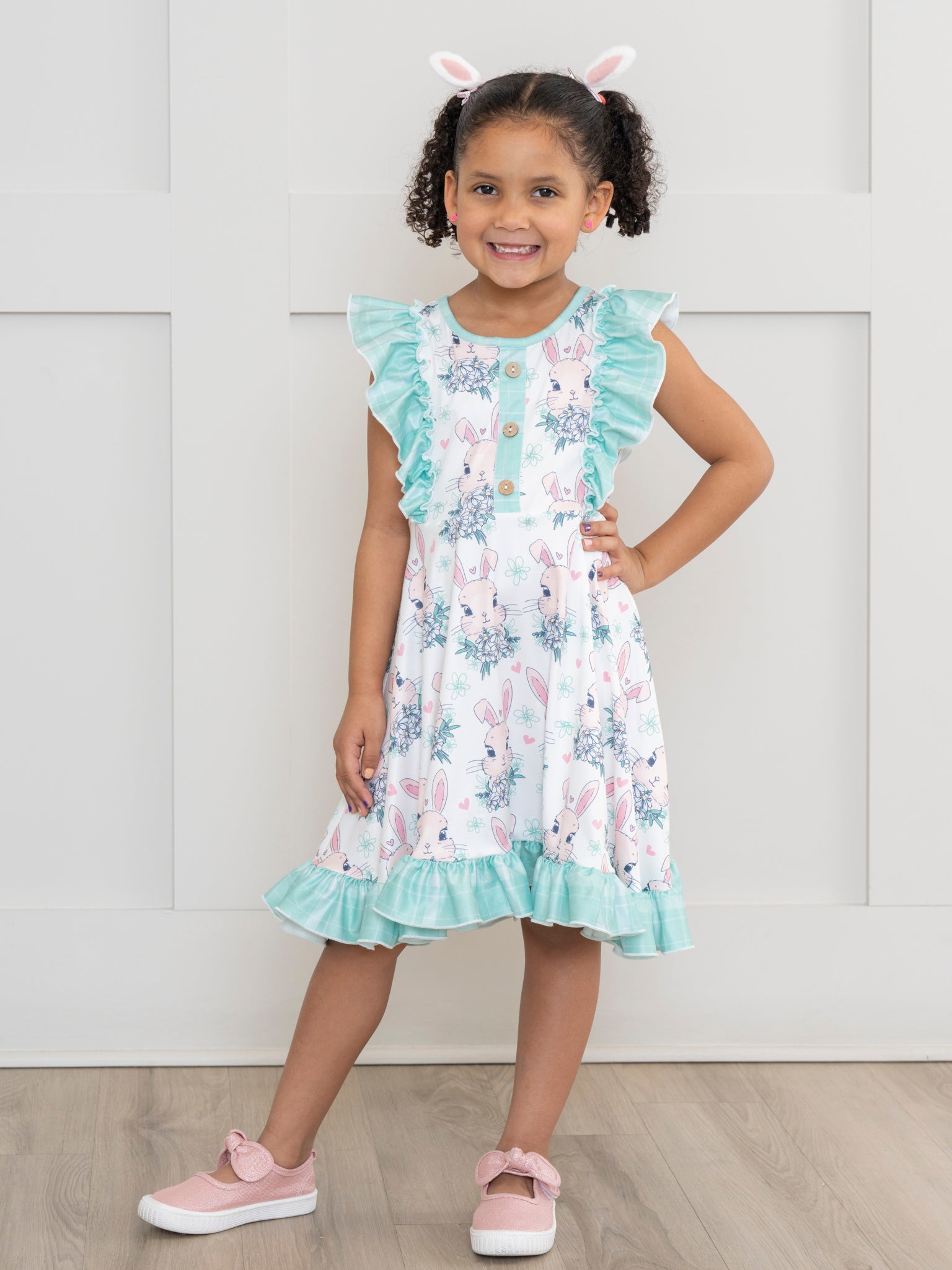 Turquoise Bunnies Ruffle Dress - Marie Nicole Clothing