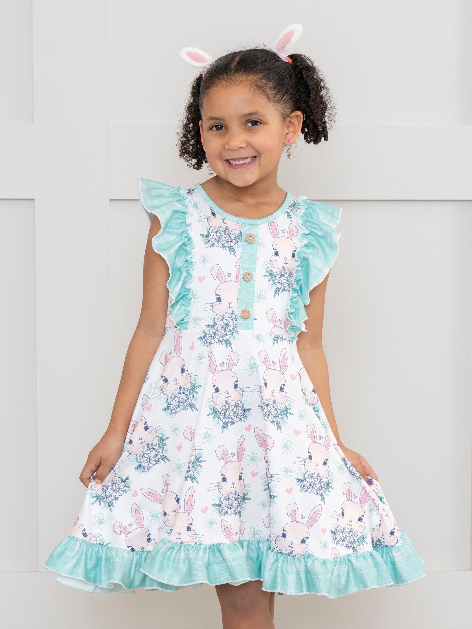 Turquoise Bunnies Ruffle Dress - Marie Nicole Clothing