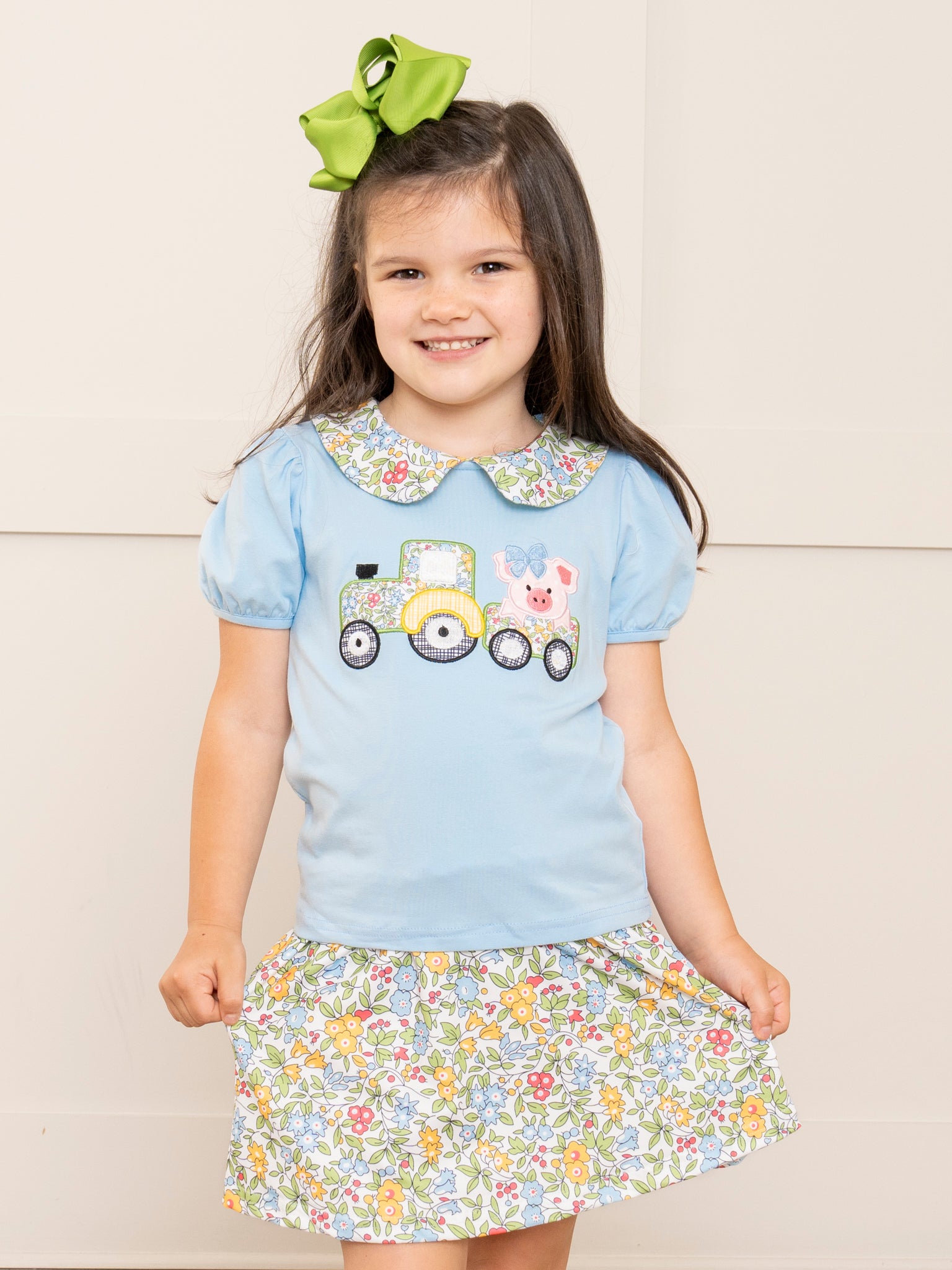 Light Blue Floral Embroidered Piggy Tractor Outfit w/ Skirt - Marie Nicole Clothing