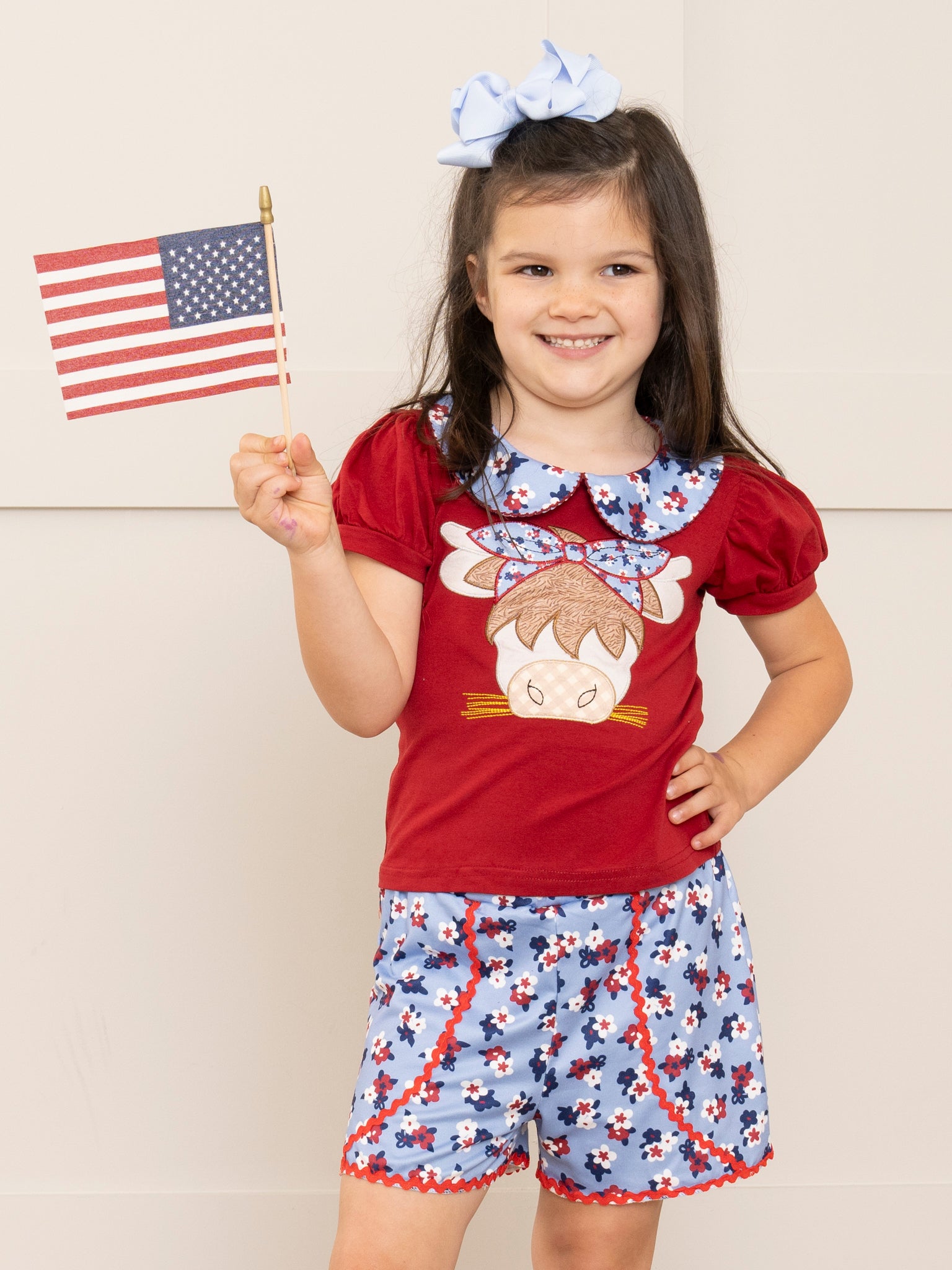 Red & Blue Floral Cow Ruffle Outfit - Marie Nicole Clothing