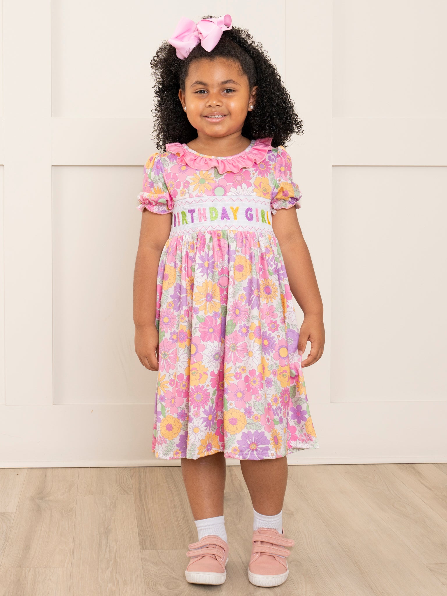 Pink & Purple Floral Birthday Girl Smocked Dress - Marie Nicole Clothing