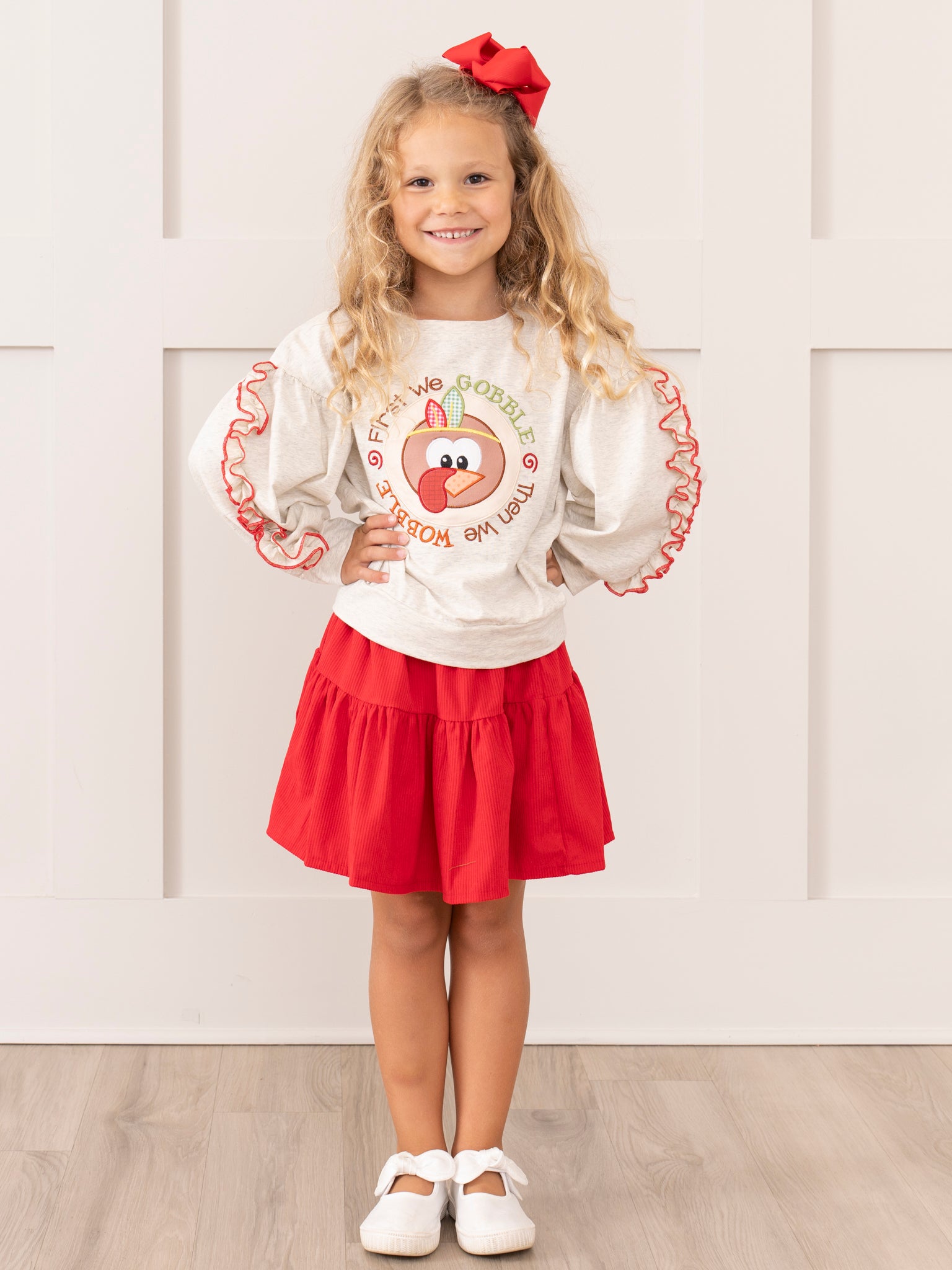 Heathered Oatmeal & Red Gobble & Wobble Outfit w/ Skirt - Marie Nicole Clothing