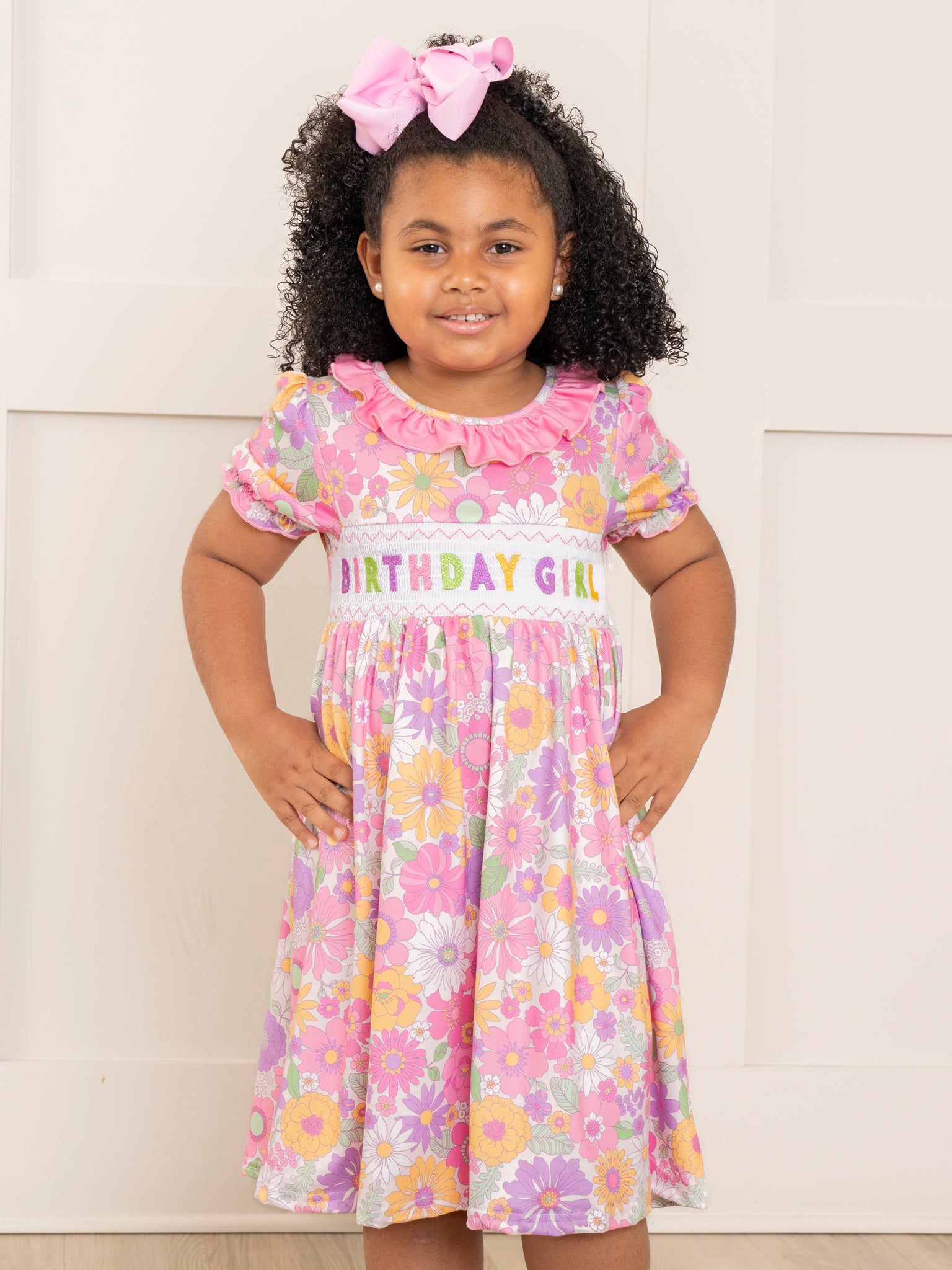 Pink & Purple Floral Birthday Girl Smocked Dress - Marie Nicole Clothing
