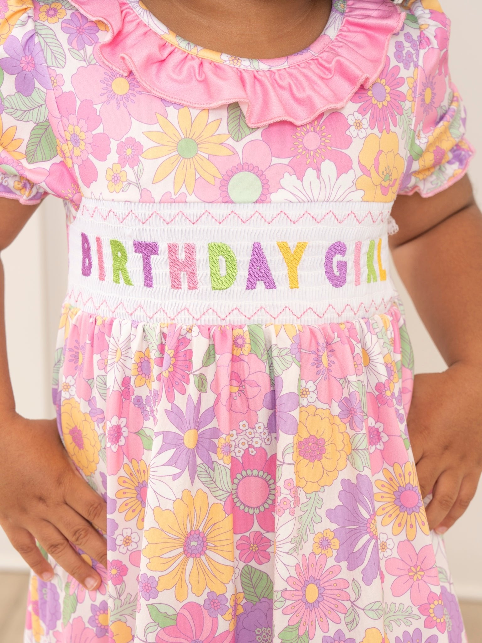 Pink & Purple Floral Birthday Girl Smocked Dress - Marie Nicole Clothing