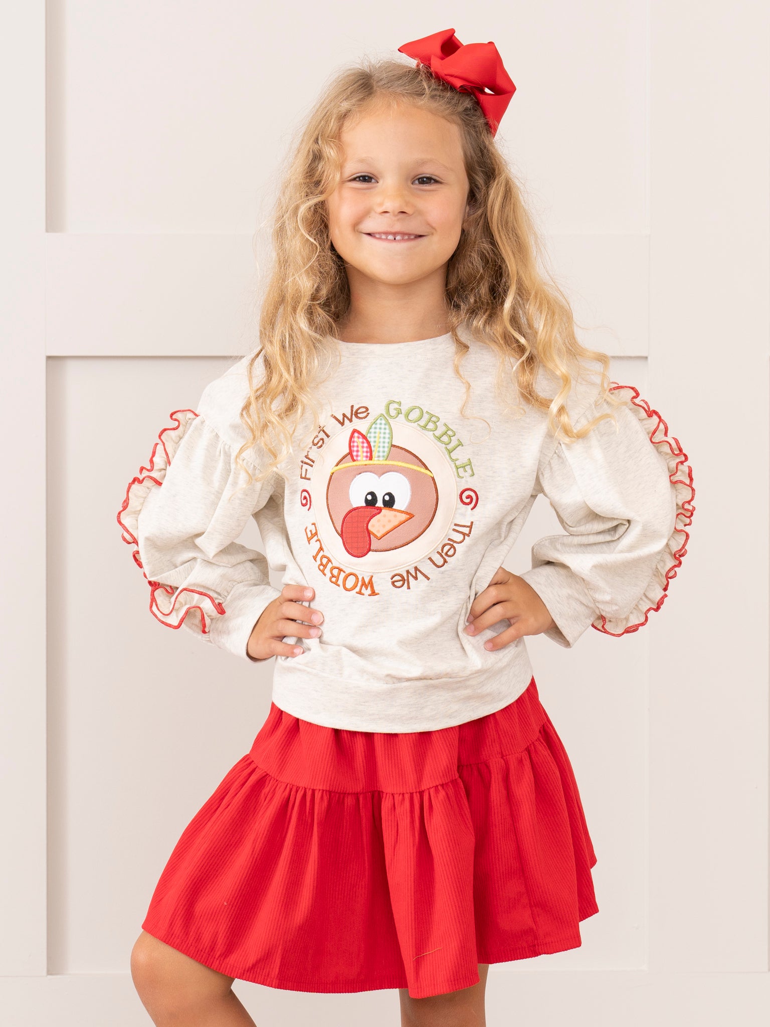 Heathered Oatmeal & Red Gobble & Wobble Outfit w/ Skirt - Marie Nicole Clothing