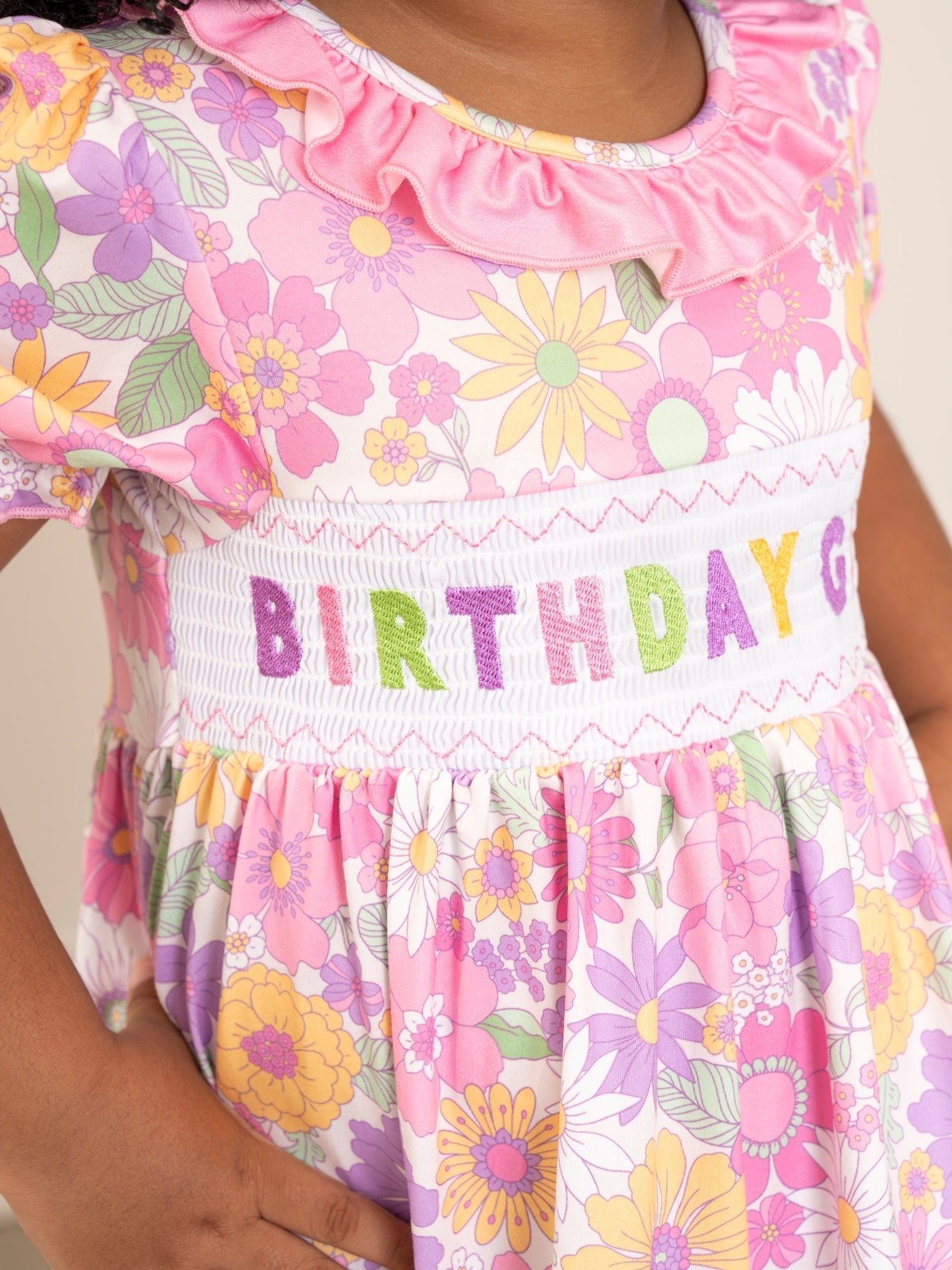 Pink & Purple Floral Birthday Girl Smocked Dress - Marie Nicole Clothing
