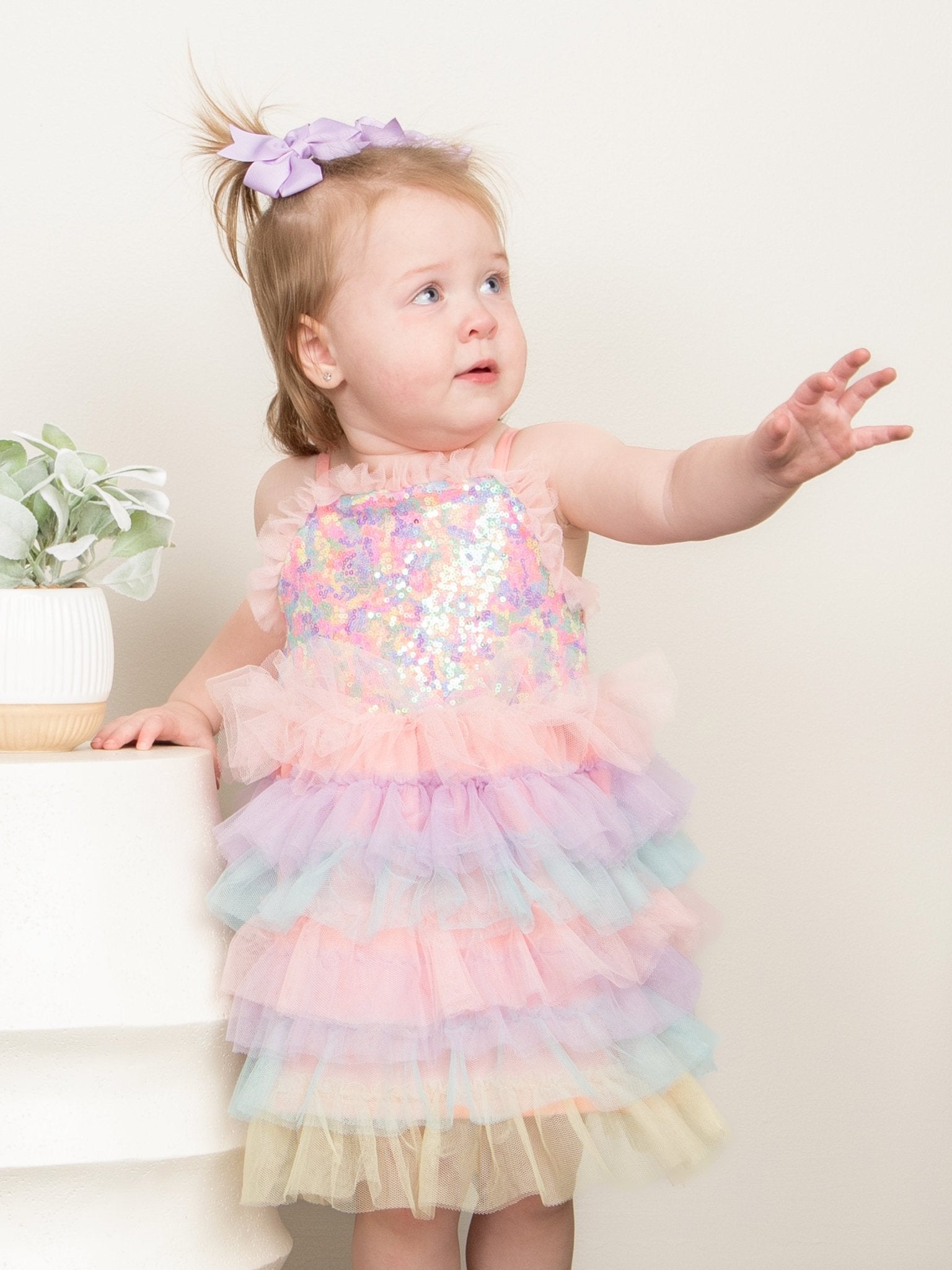 Rainbow Sequin Tiered Tulle Ruffle Dress - Marie Nicole Clothing