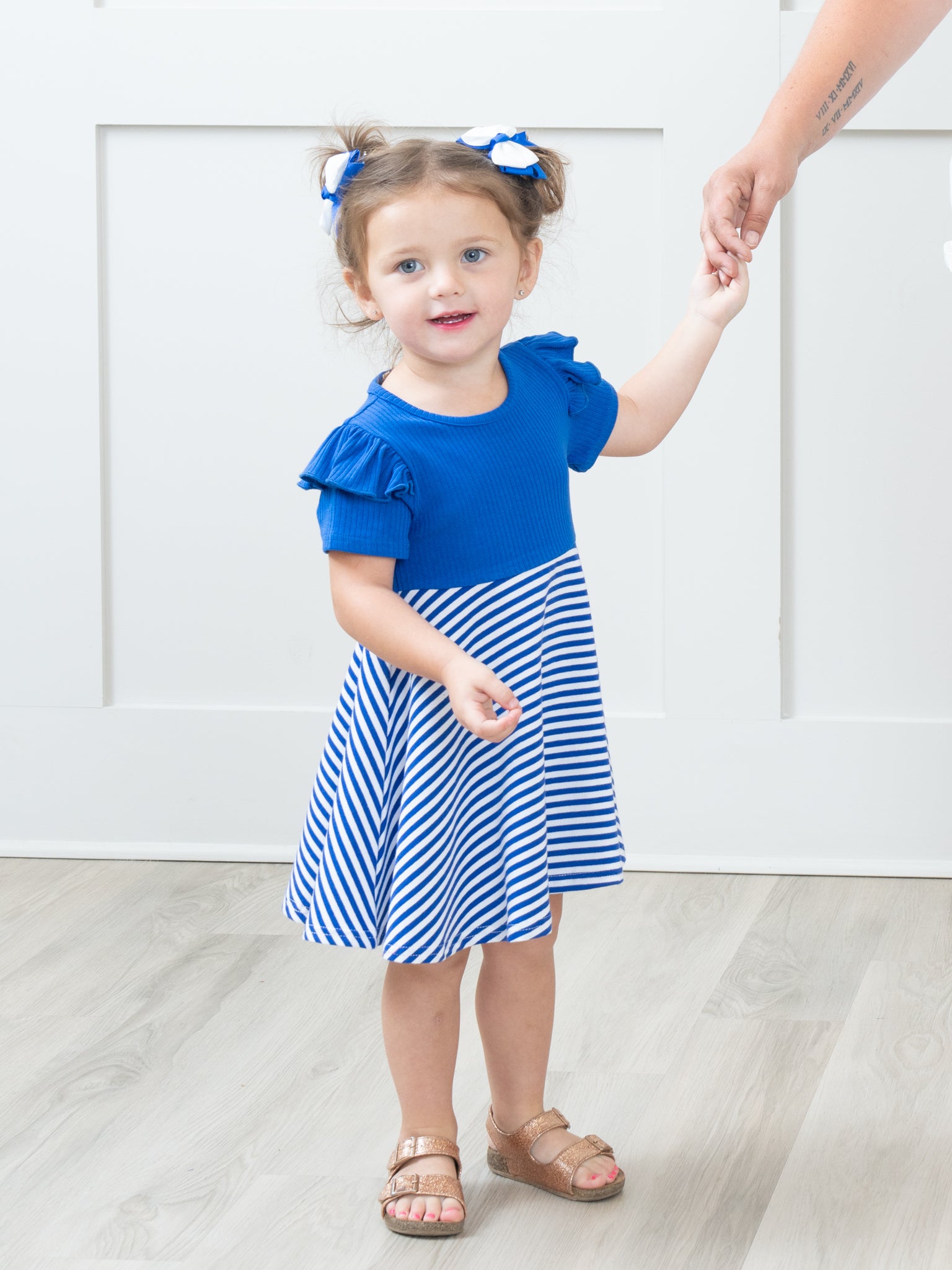 Blue & White Striped Ruffle Dress - Marie Nicole Clothing