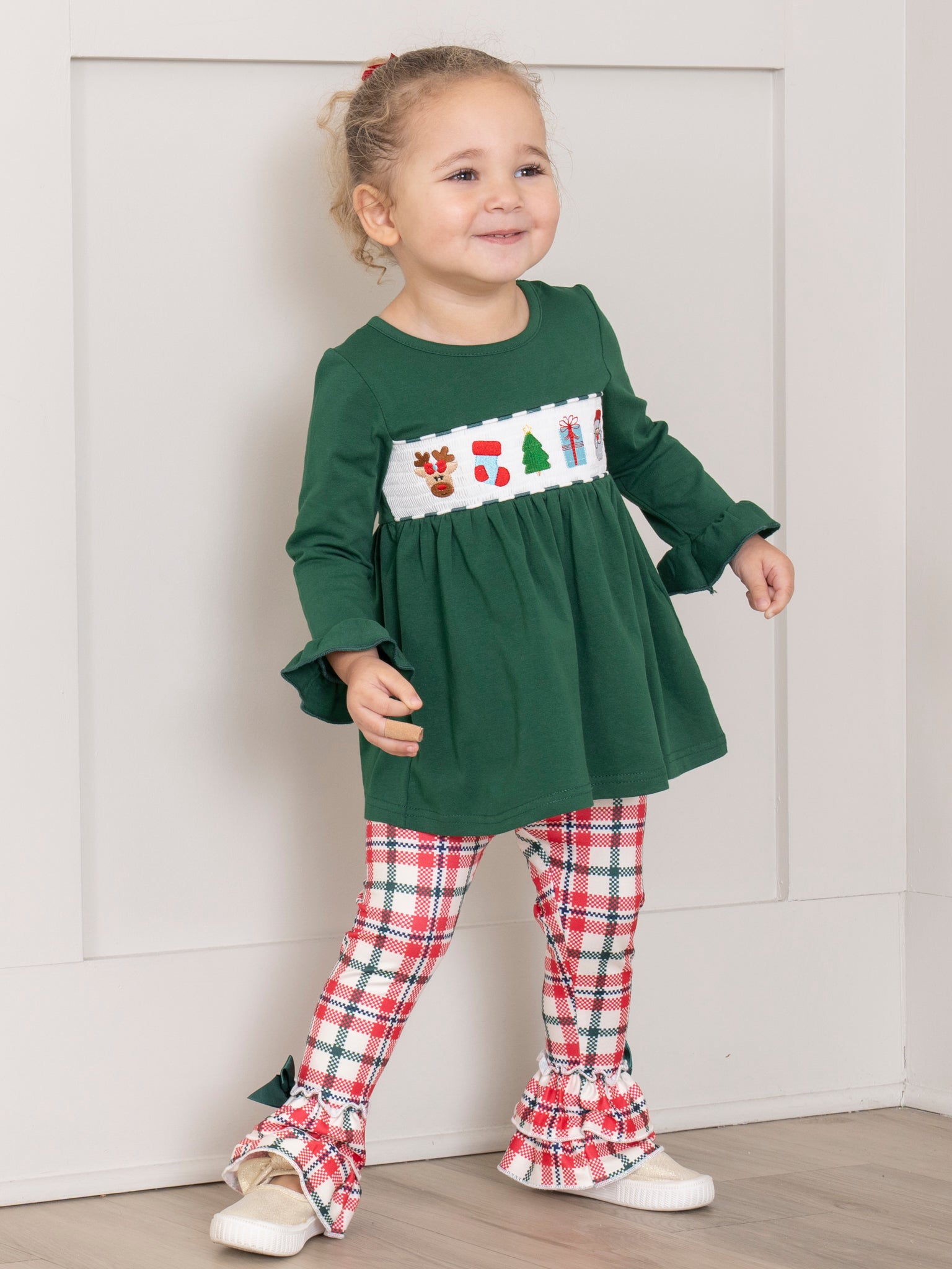 Hunter Green Smocked Holiday Plaid Ruffle Outfit - Marie Nicole Clothing