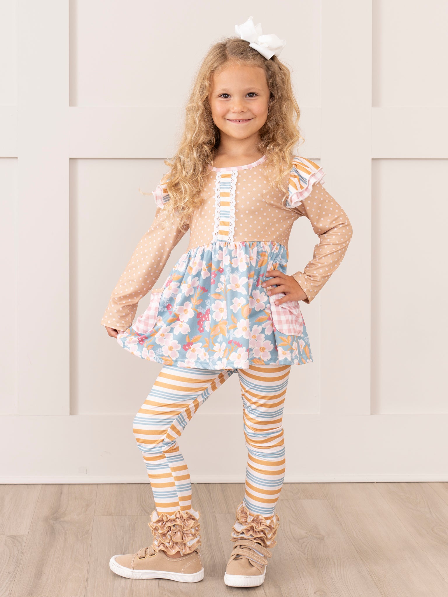 Long - Sleeved Mixed Print Ruffle Outfit - Marie Nicole Clothing