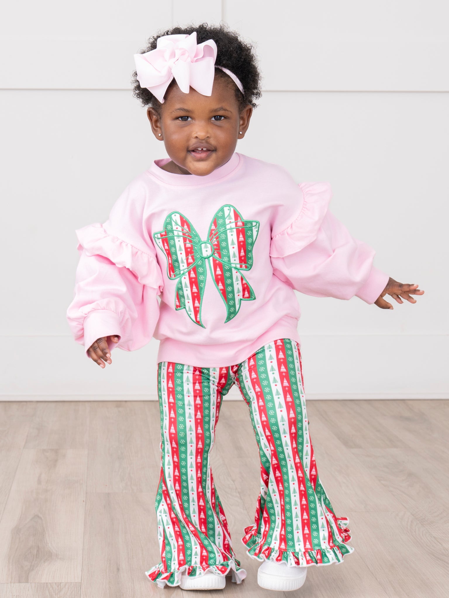 Christmas Bow Embroidered Ruffle Bell Bottom Outfit - Marie Nicole Clothing