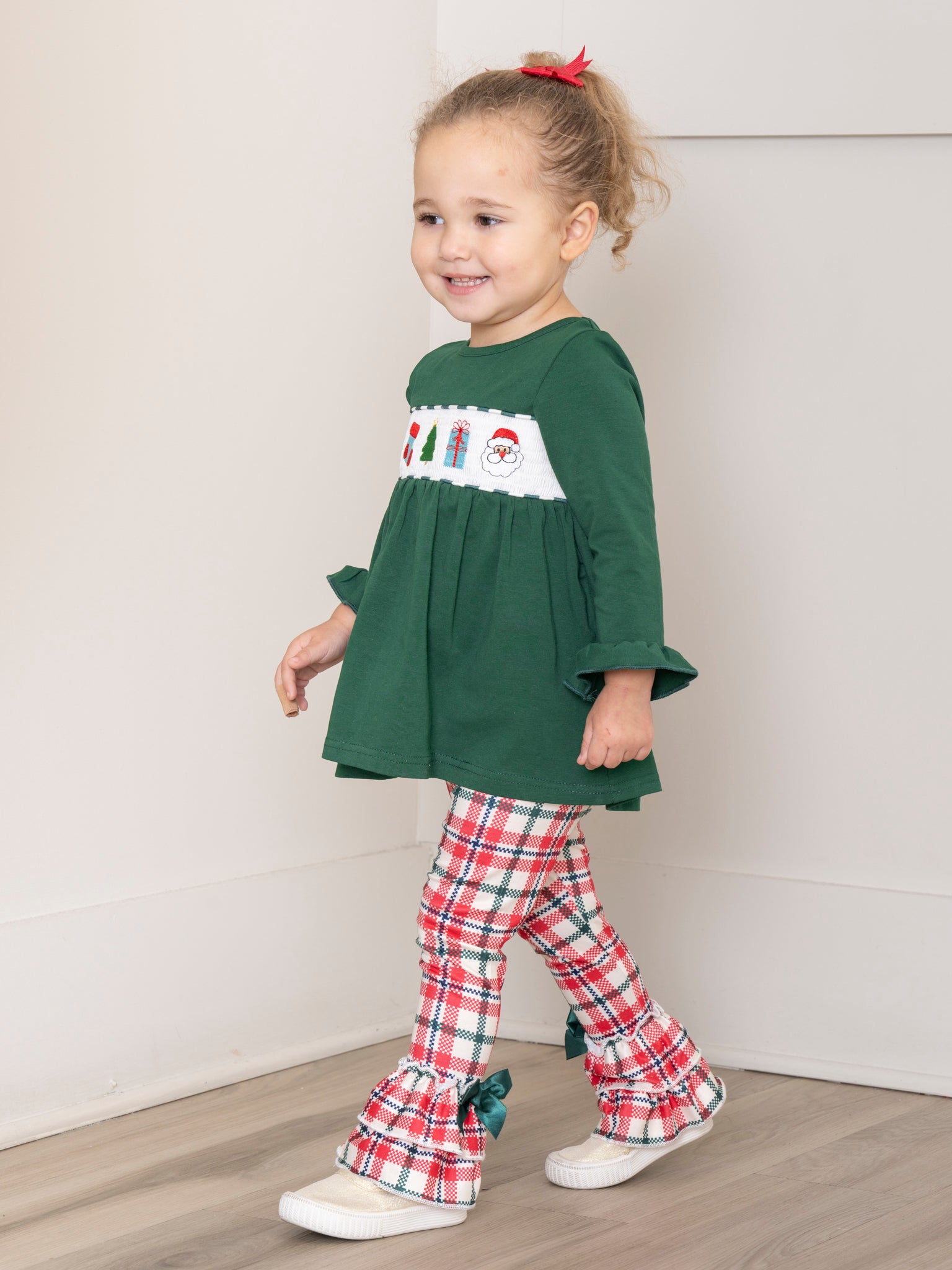 Hunter Green Smocked Holiday Plaid Ruffle Outfit - Marie Nicole Clothing