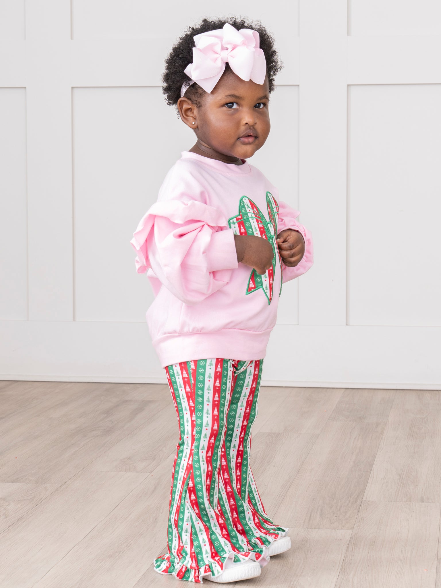 Christmas Bow Embroidered Ruffle Bell Bottom Outfit - Marie Nicole Clothing