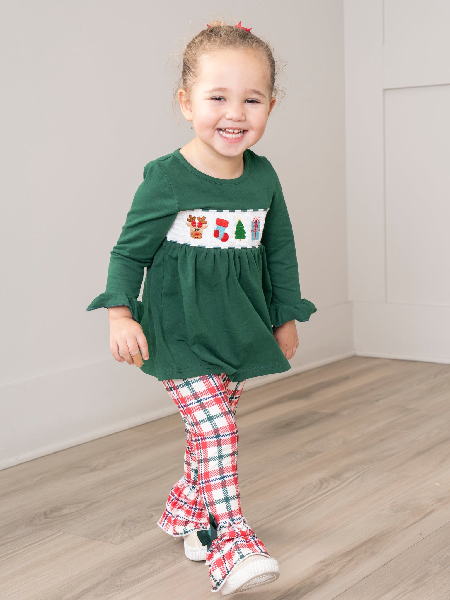 Hunter Green Smocked Holiday Plaid Ruffle Outfit - Marie Nicole Clothing