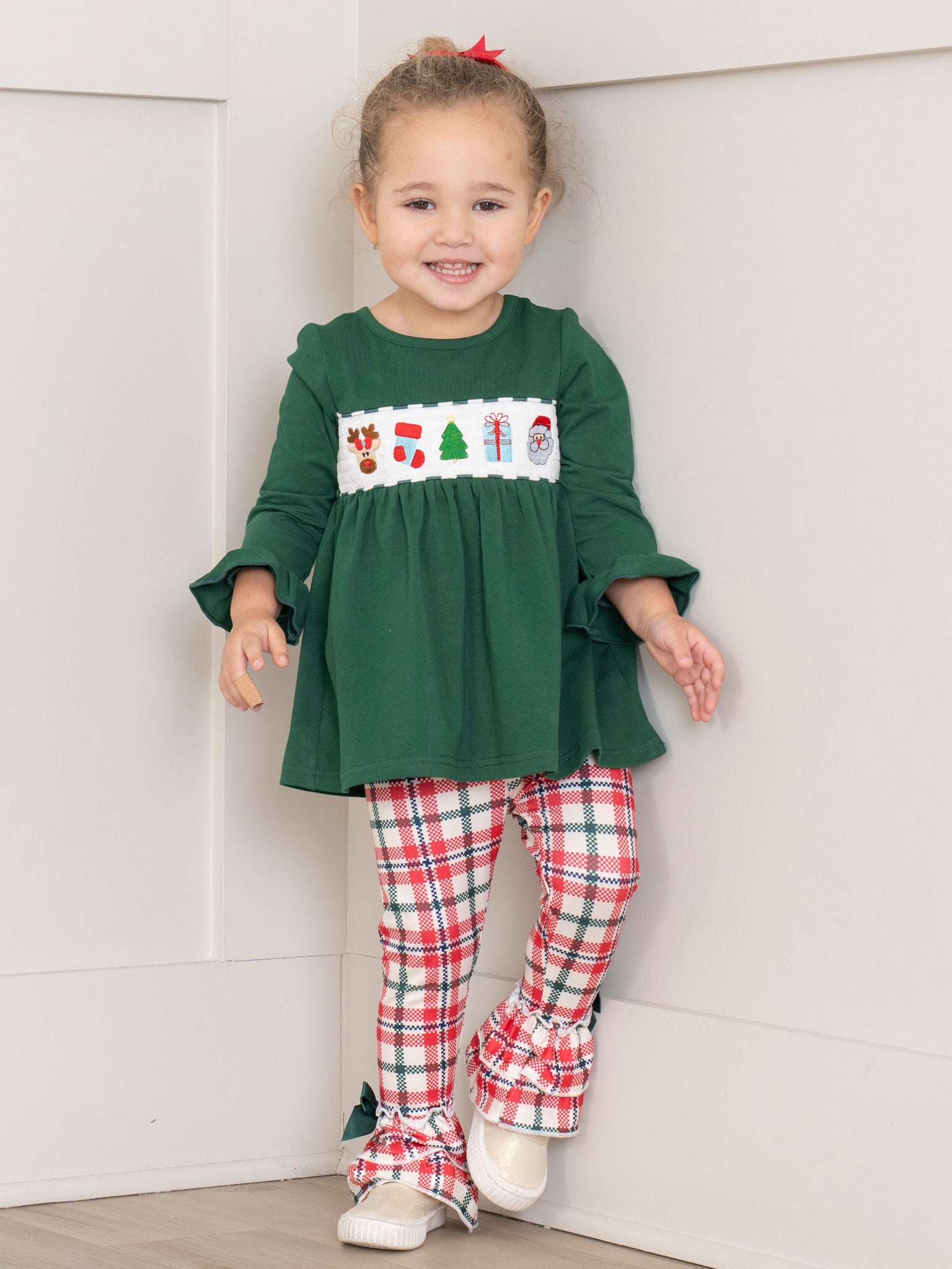 Hunter Green Smocked Holiday Plaid Ruffle Outfit - Marie Nicole Clothing