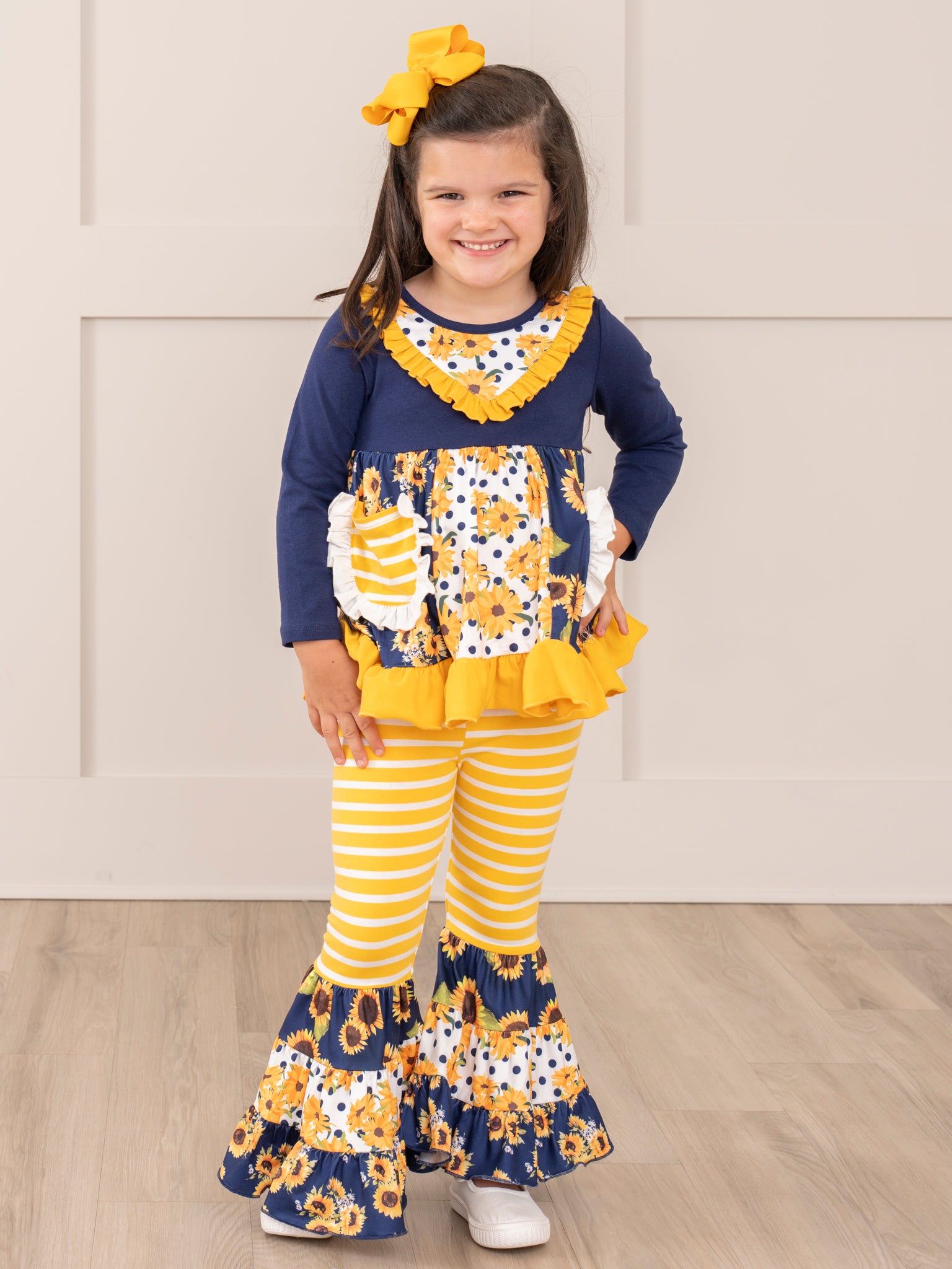 Pocket Flara Bells Outfit - Navy Sunflower - Marie Nicole Clothing
