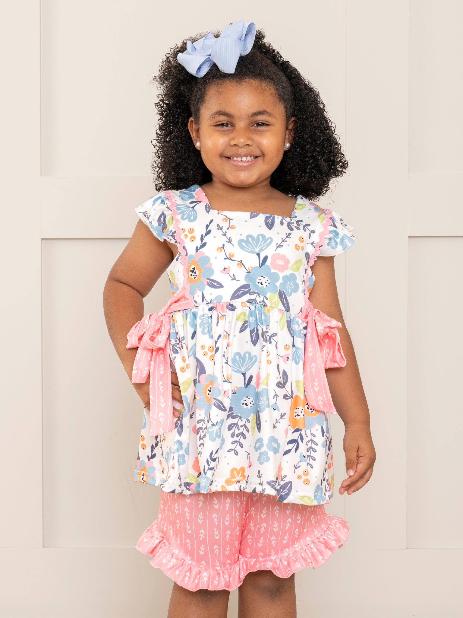 Pink & Blue Floral Bow Ruffle Outfit - Marie Nicole Clothing