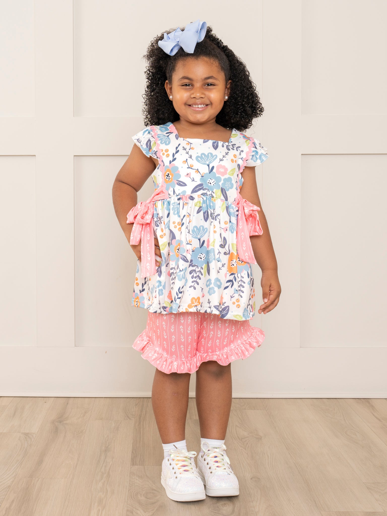 Pink & Blue Floral Bow Ruffle Outfit - Marie Nicole Clothing
