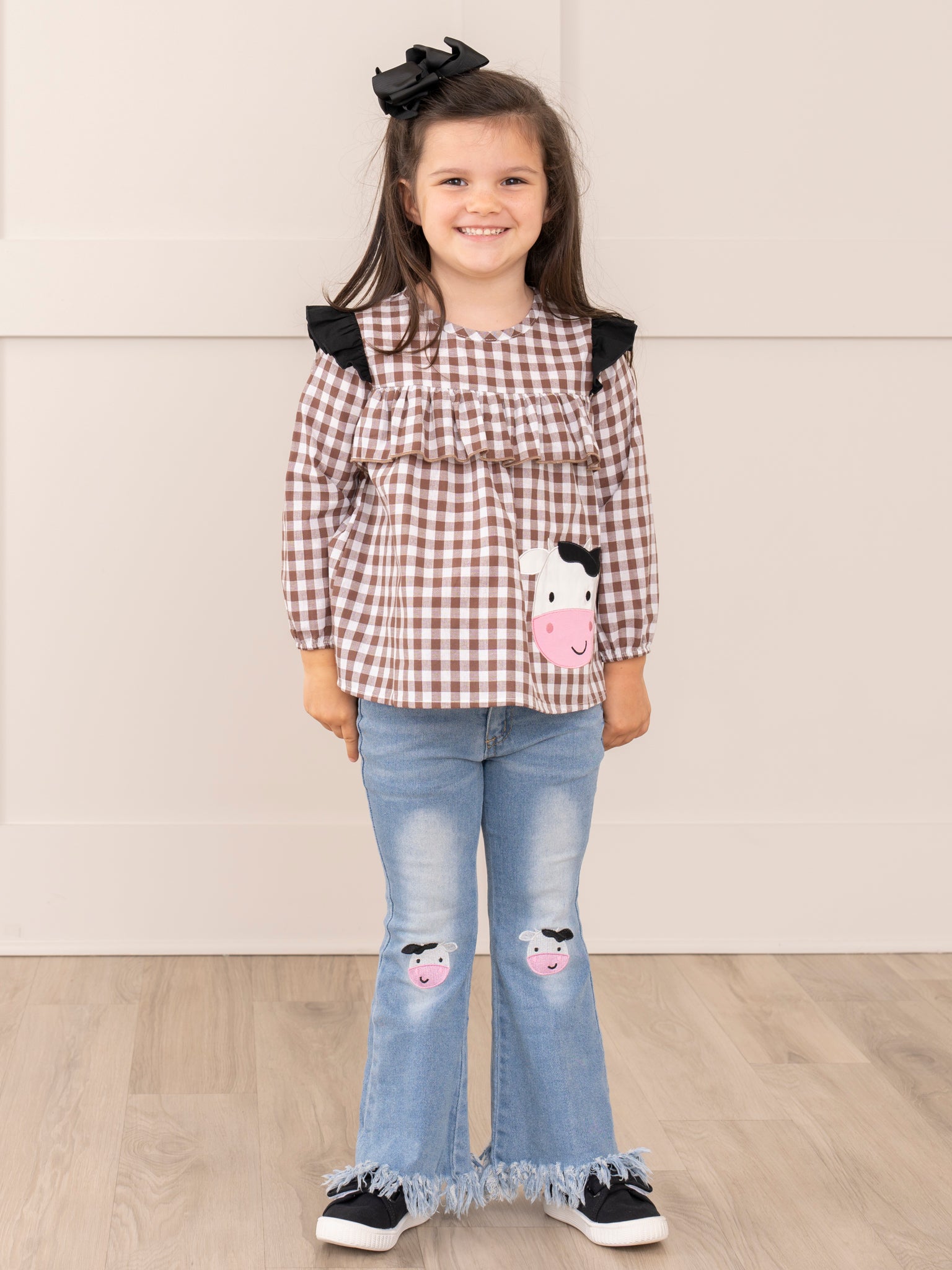 Brown Gingham Cow Denim Outfit - Marie Nicole Clothing