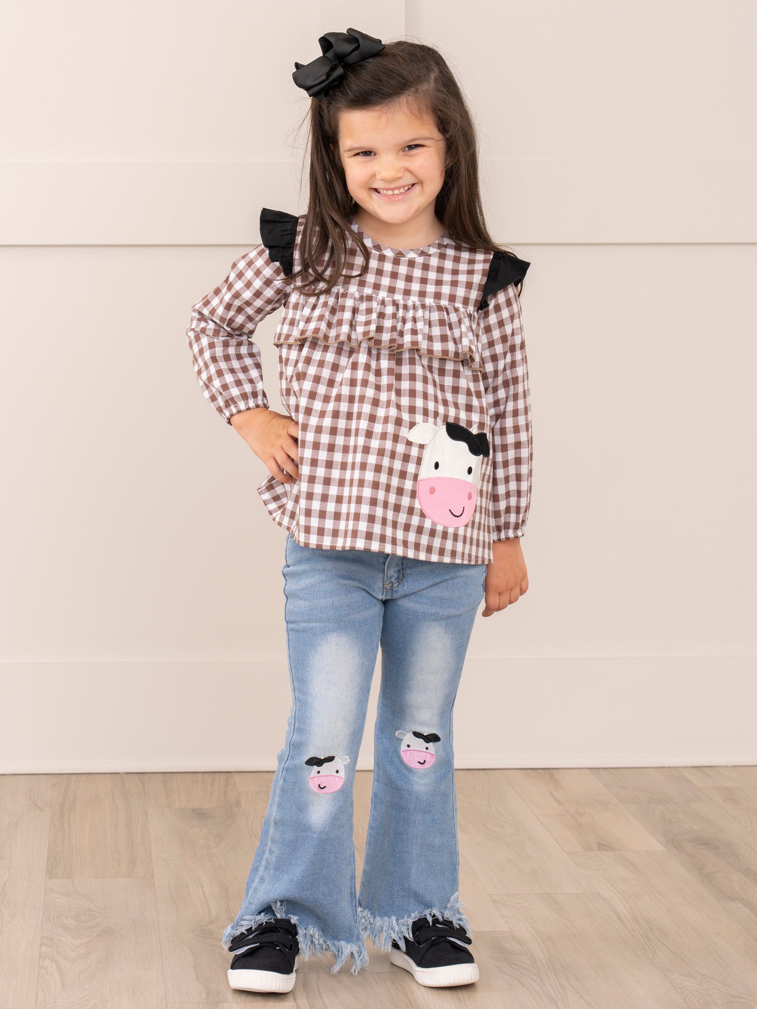 Brown Gingham Cow Denim Outfit - Marie Nicole Clothing